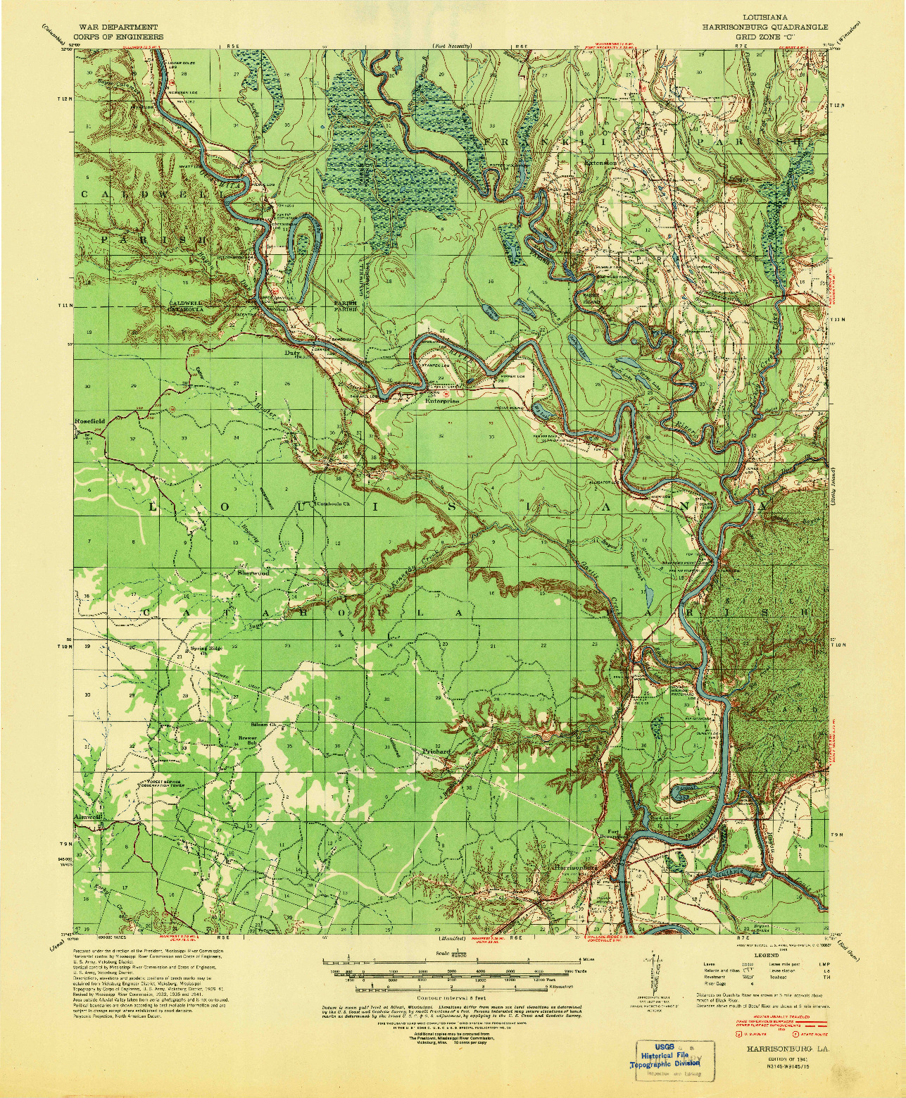 USGS 1:62500-SCALE QUADRANGLE FOR HARRISONBURG, LA 1941