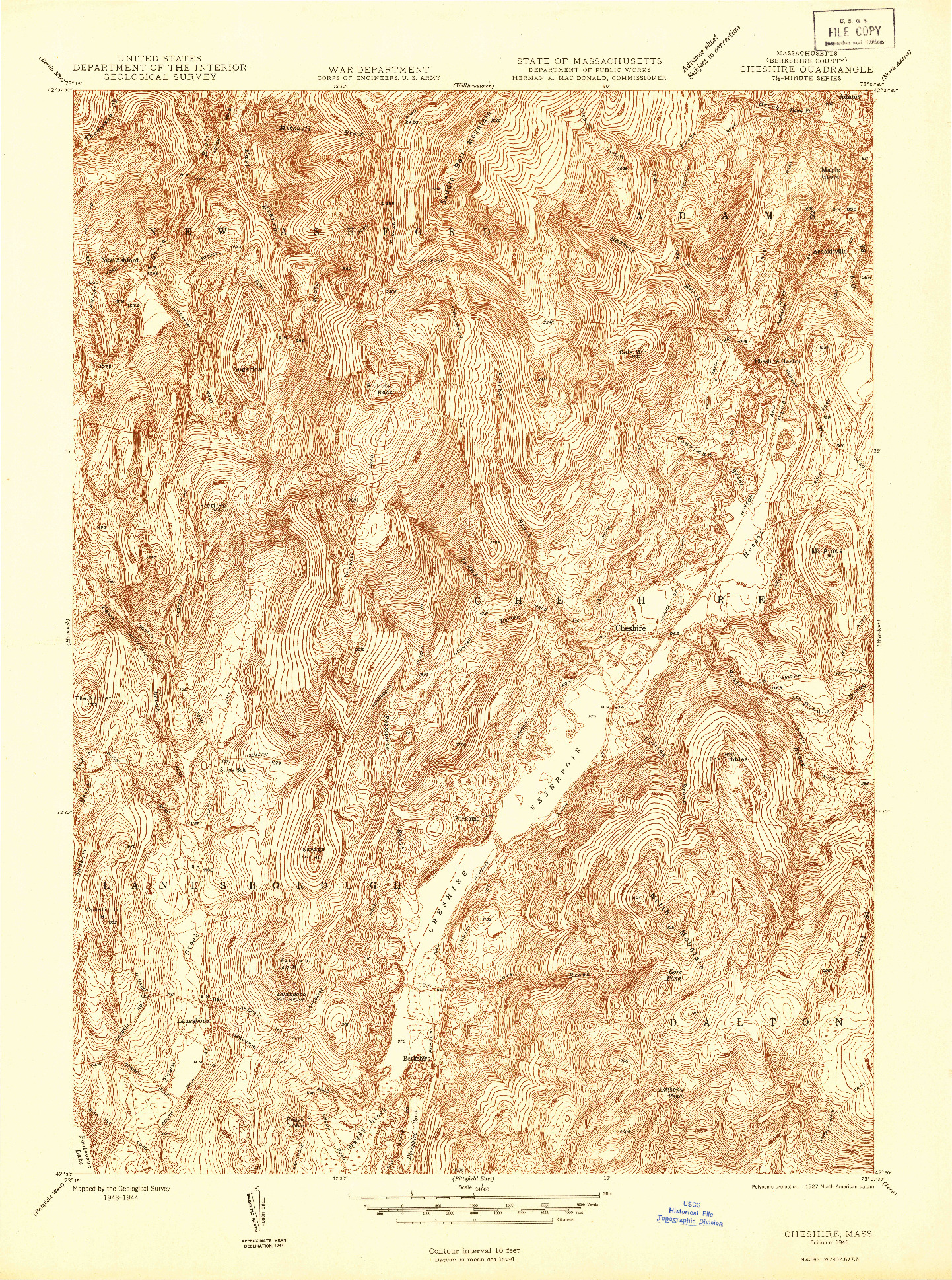 USGS 1:24000-SCALE QUADRANGLE FOR CHESHIRE, MA 1946