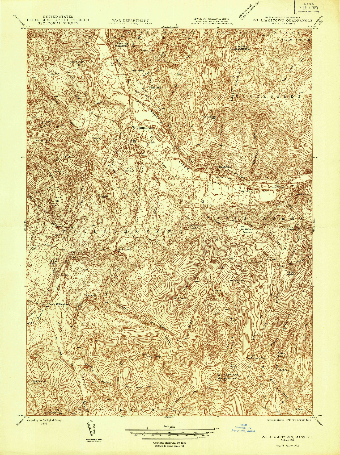USGS 1:24000-SCALE QUADRANGLE FOR WILLIAMSTOWN, MA 1946