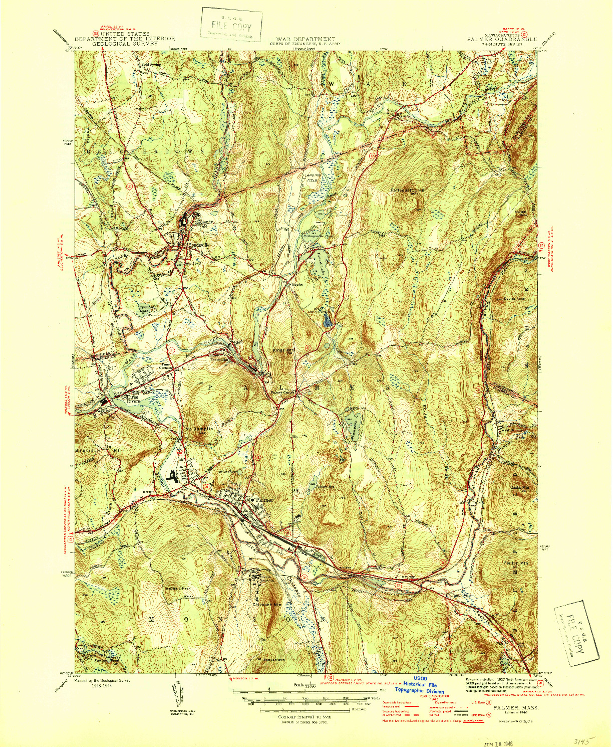 USGS 1:31680-SCALE QUADRANGLE FOR PALMER, MA 1946