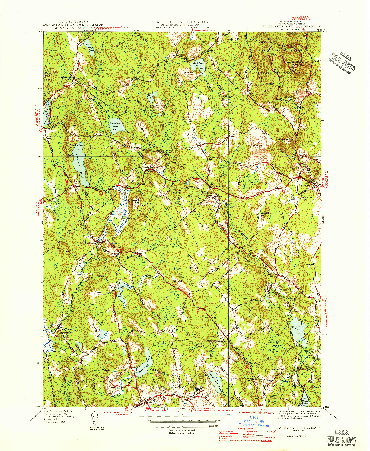 USGS 1:31680-SCALE QUADRANGLE FOR WACHUSETT MTN, MA 1946