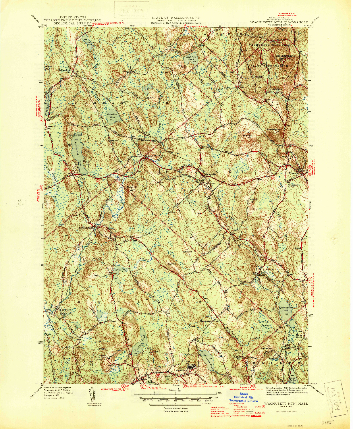 USGS 1:31680-SCALE QUADRANGLE FOR WACHUSETT MTN, MA 1946