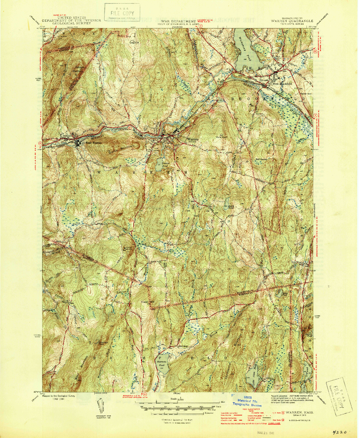 USGS 1:31680-SCALE QUADRANGLE FOR WARREN, MA 1946