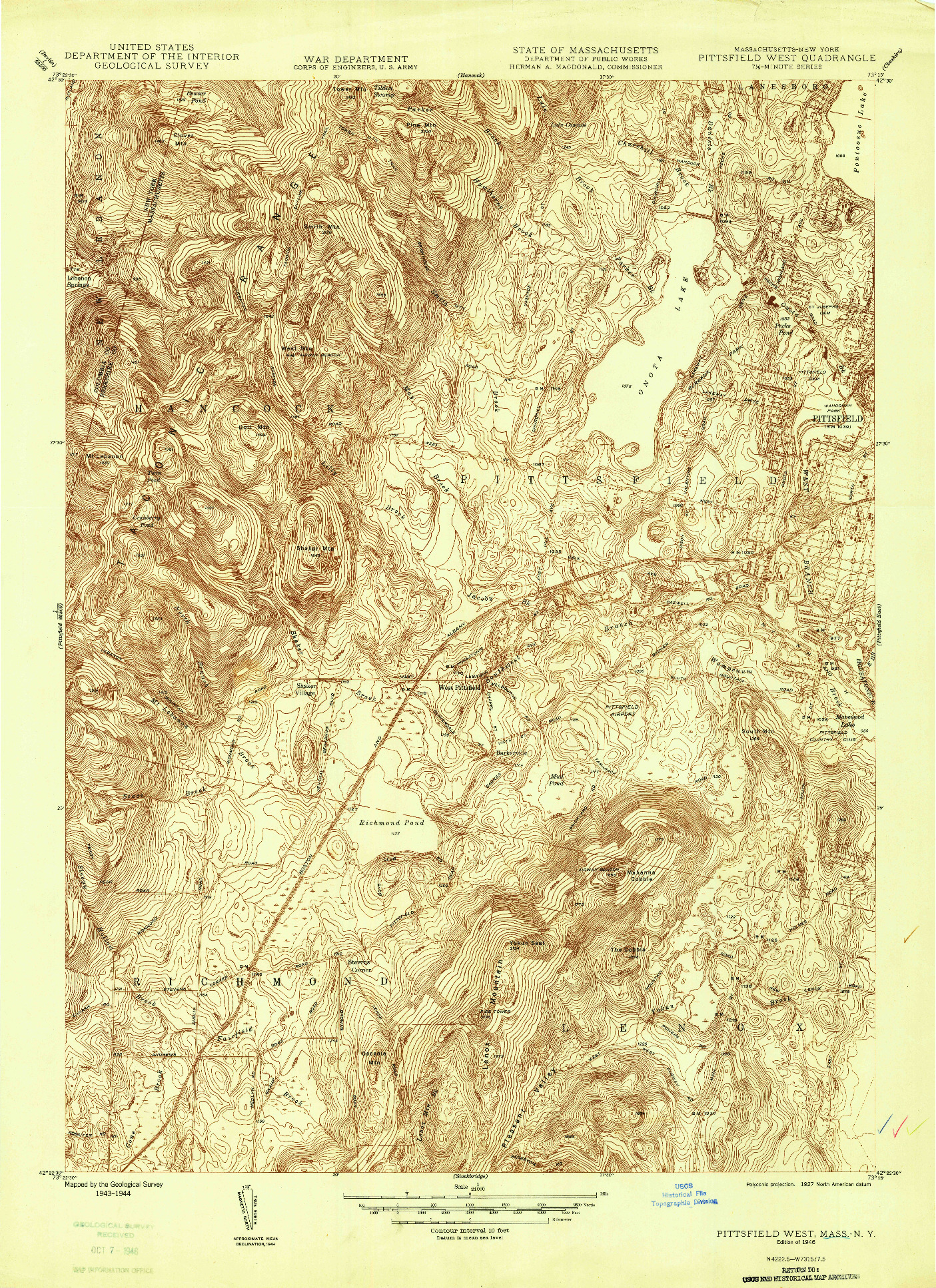 USGS 1:24000-SCALE QUADRANGLE FOR PITTSFIELD WEST, MA 1946