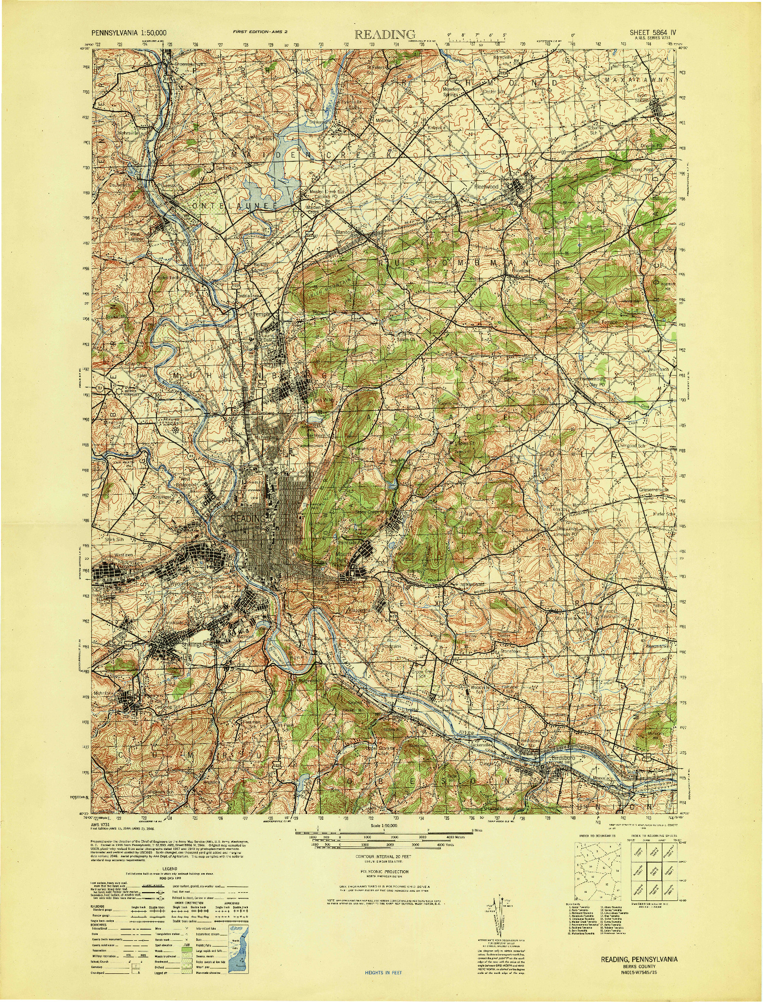 USGS 1:50000-SCALE QUADRANGLE FOR READING, PA 1946