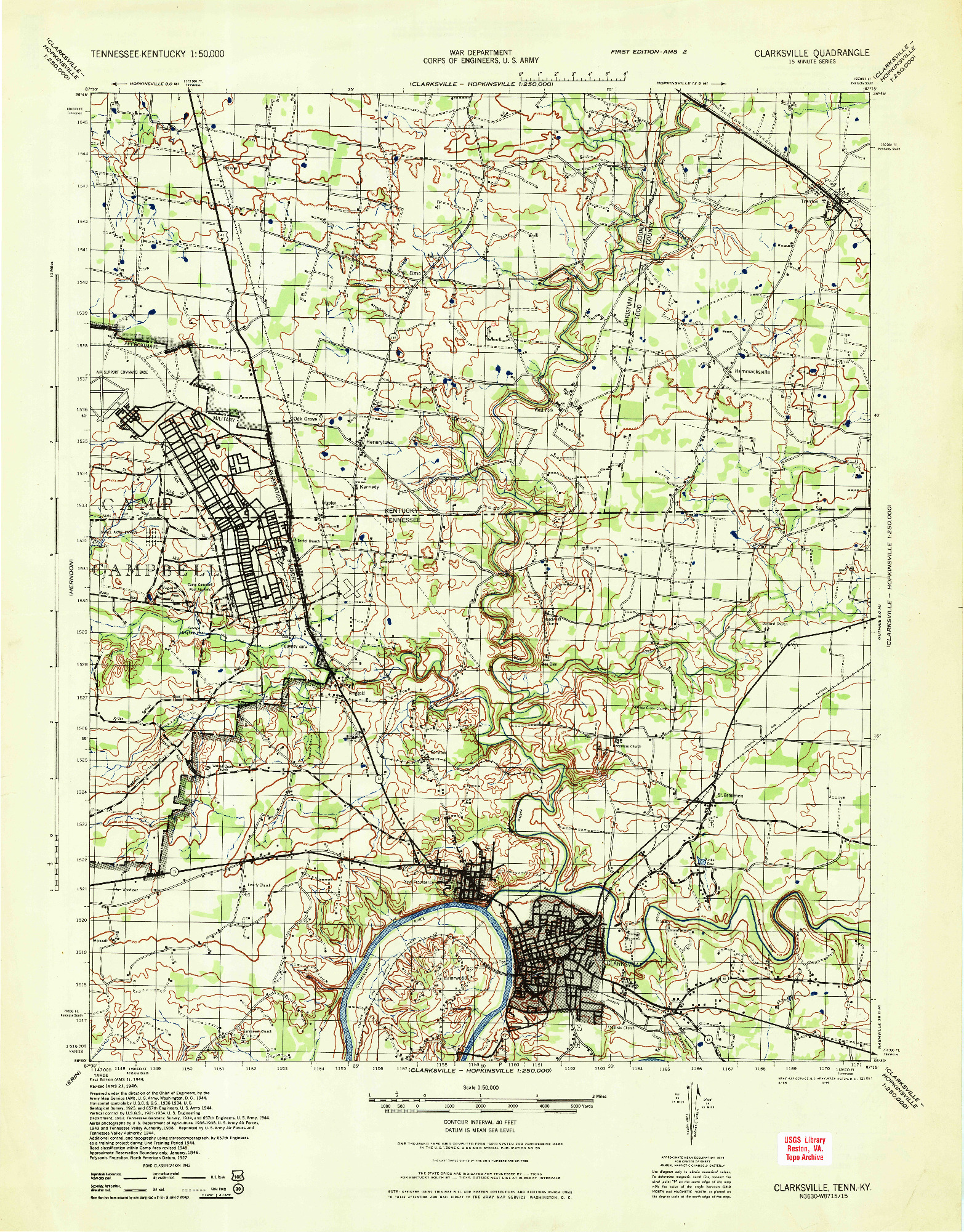 USGS 1:50000-SCALE QUADRANGLE FOR CLARKSVILLE, TN 1944