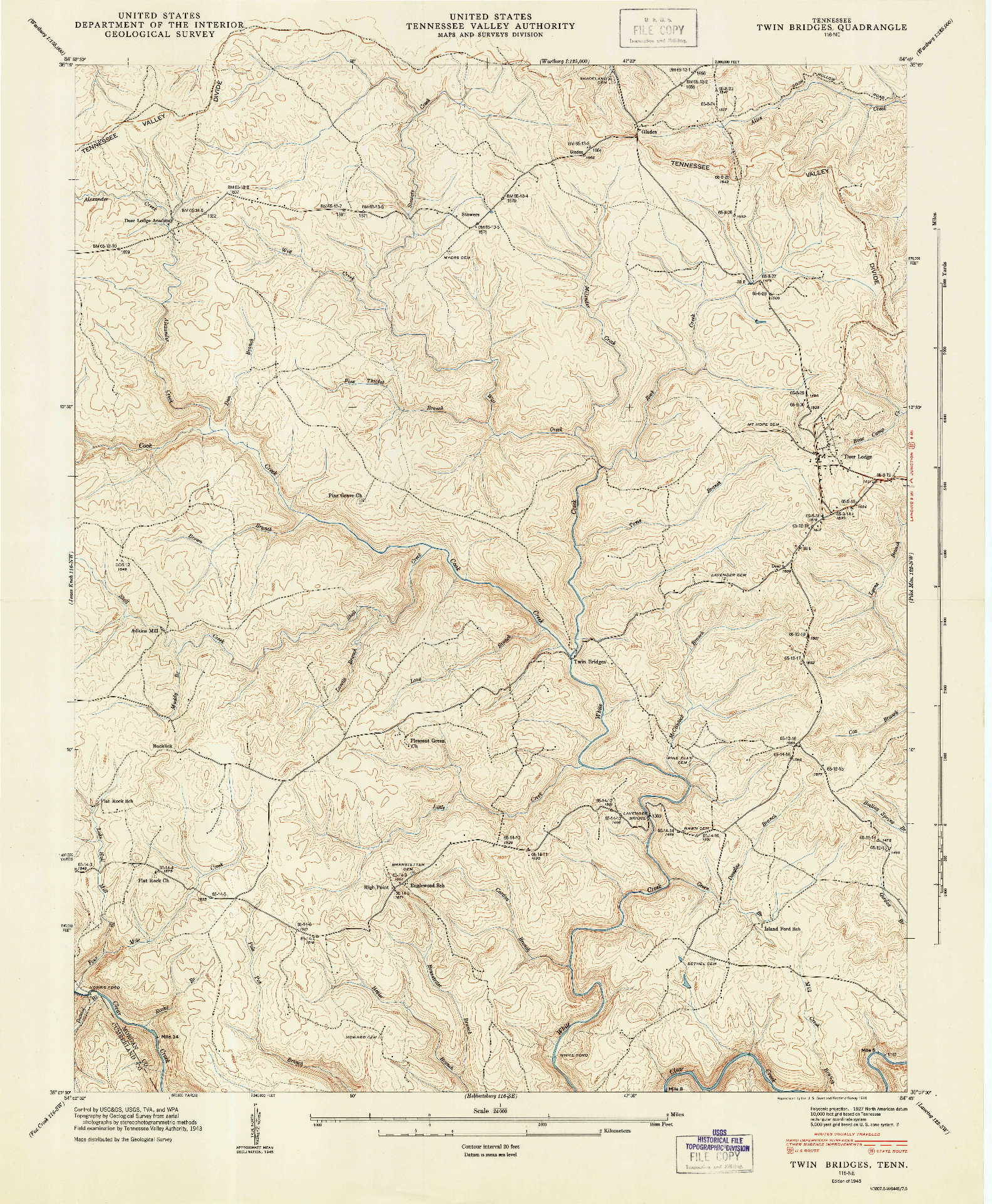 USGS 1:24000-SCALE QUADRANGLE FOR TWIN BRIDGES, TN 1945