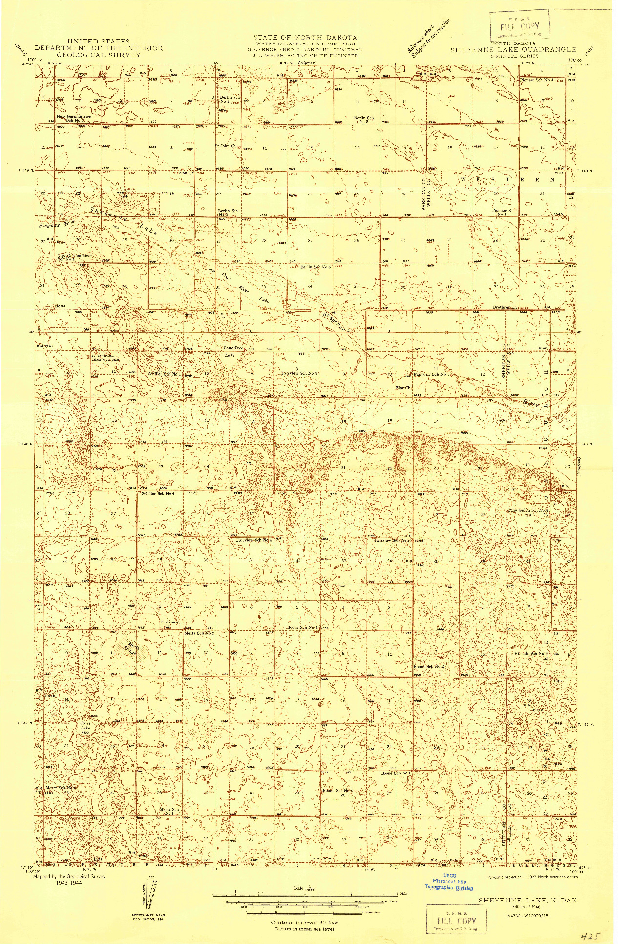 USGS 1:48000-SCALE QUADRANGLE FOR SHEYENNE LAKE, ND 1946