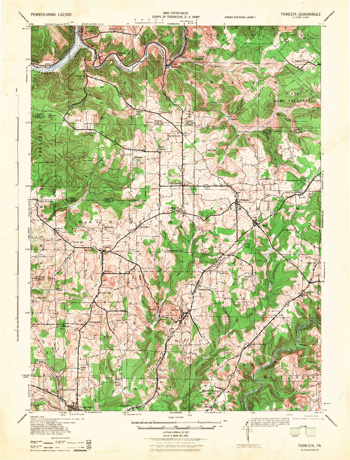 USGS 1:62500-SCALE QUADRANGLE FOR TIONESTA, PA 1946