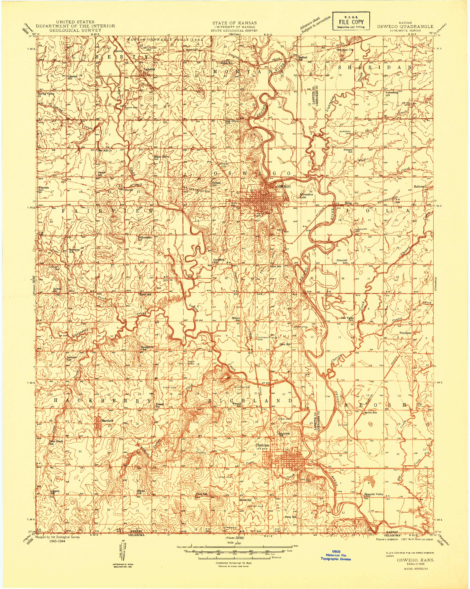 USGS 1:48000-SCALE QUADRANGLE FOR OSWEGO, KS 1946