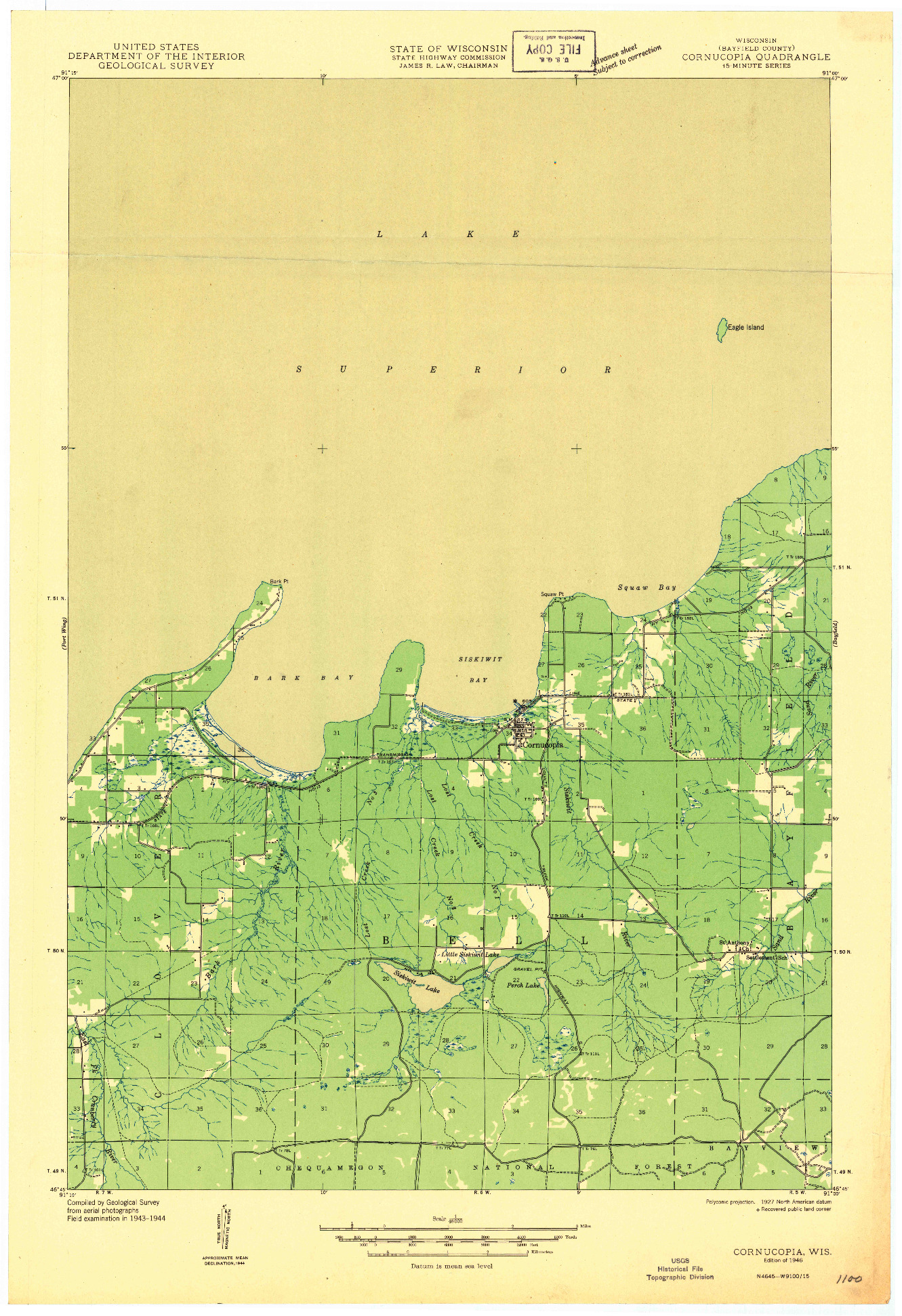 USGS 1:48000-SCALE QUADRANGLE FOR CORNUCOPIA, WI 1946