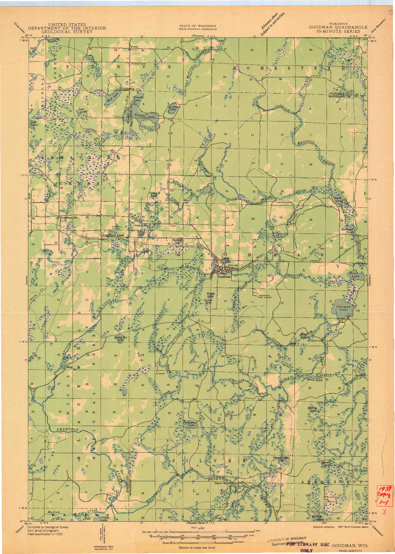 USGS 1:48000-SCALE QUADRANGLE FOR GOODMAN, WI 1946