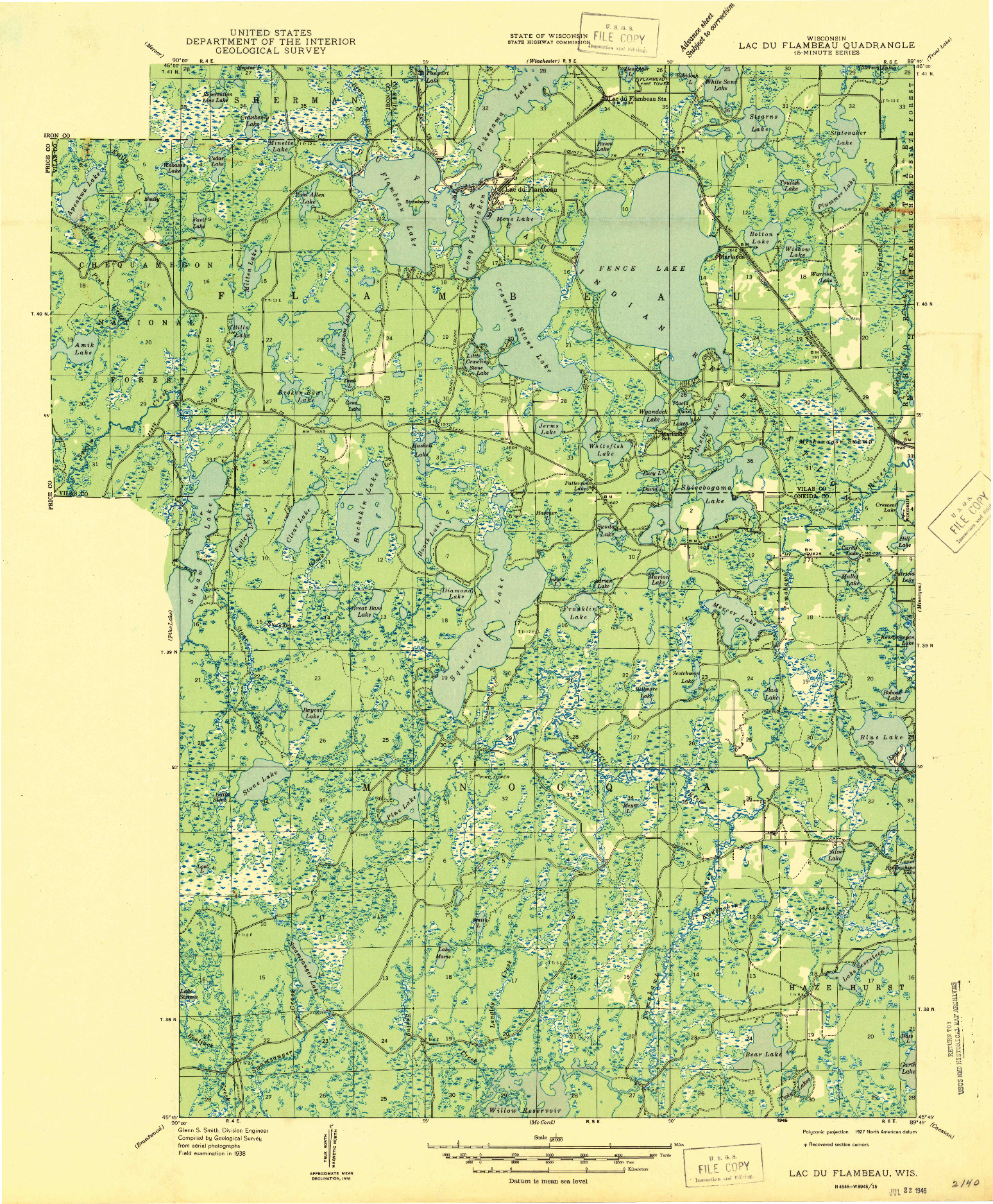USGS 1:48000-SCALE QUADRANGLE FOR LAC DU FLAMBEAU, WI 1946