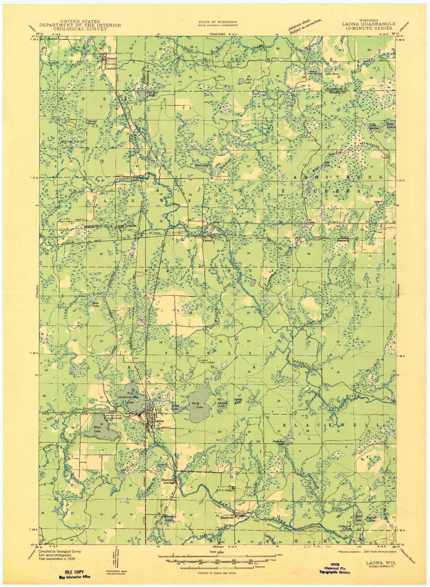 USGS 1:48000-SCALE QUADRANGLE FOR LAONA, WI 1946