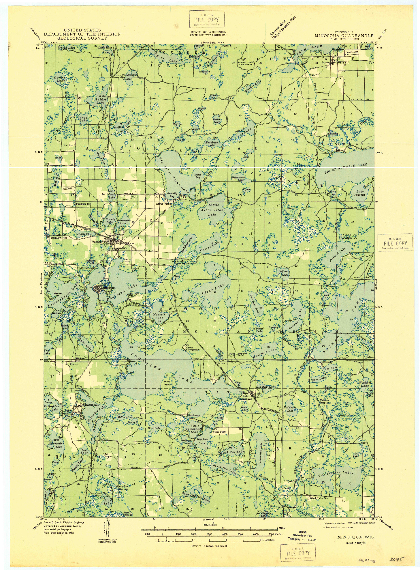 USGS 1:48000-SCALE QUADRANGLE FOR MINOCQUA, WI 1946