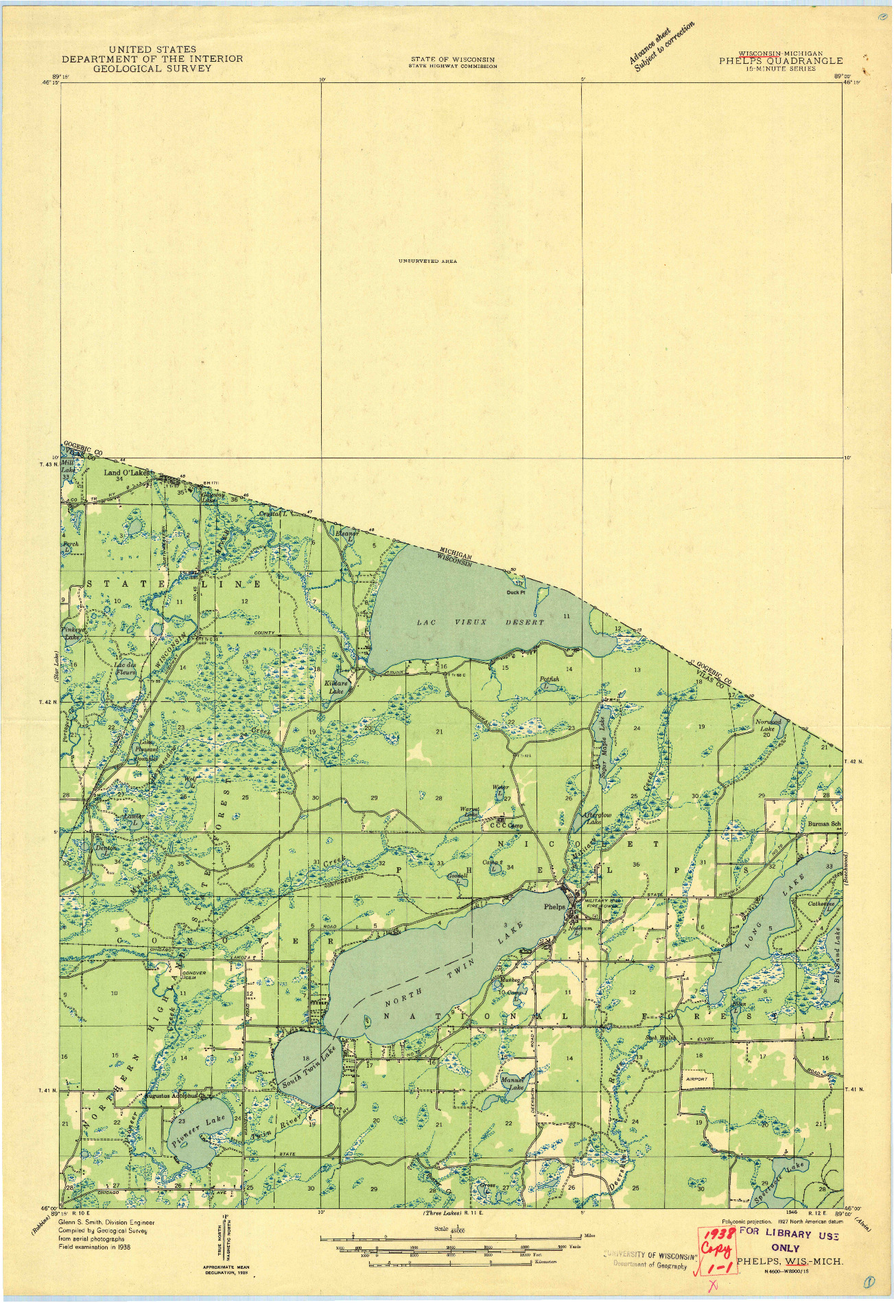 USGS 1:48000-SCALE QUADRANGLE FOR PHELPS, WI 1938