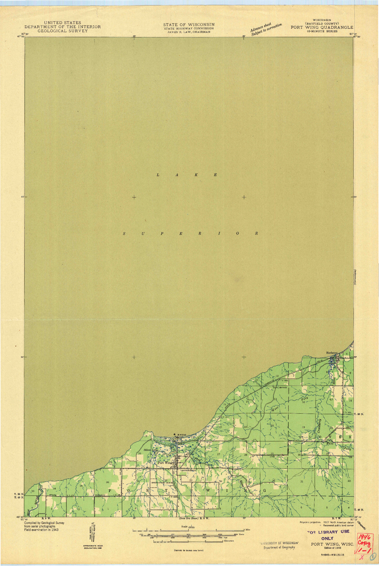 USGS 1:48000-SCALE QUADRANGLE FOR PORT WING, WI 1946