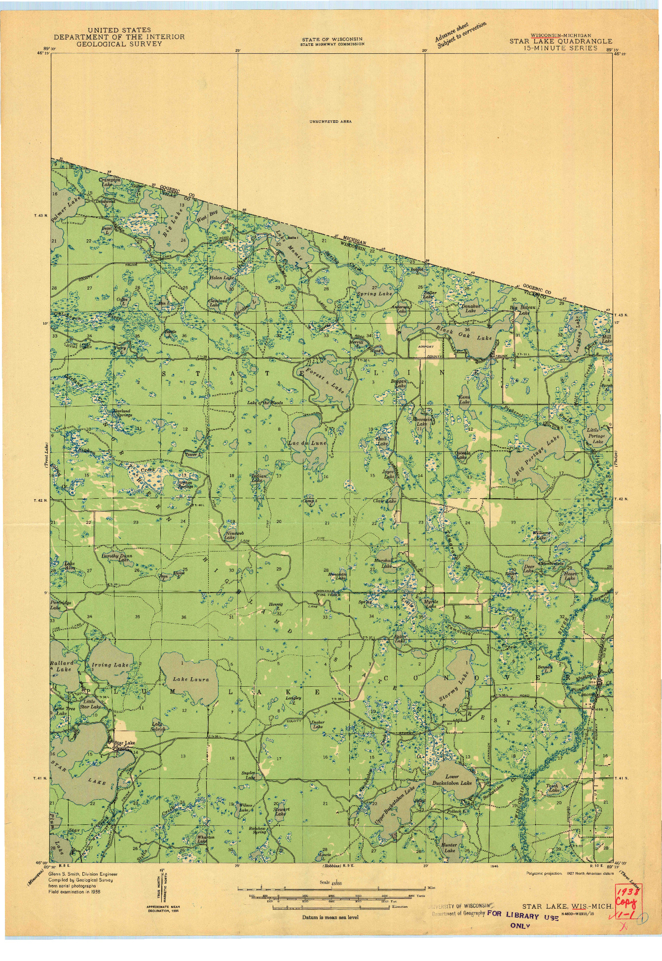 USGS 1:48000-SCALE QUADRANGLE FOR STAR LAKE, WI 1946