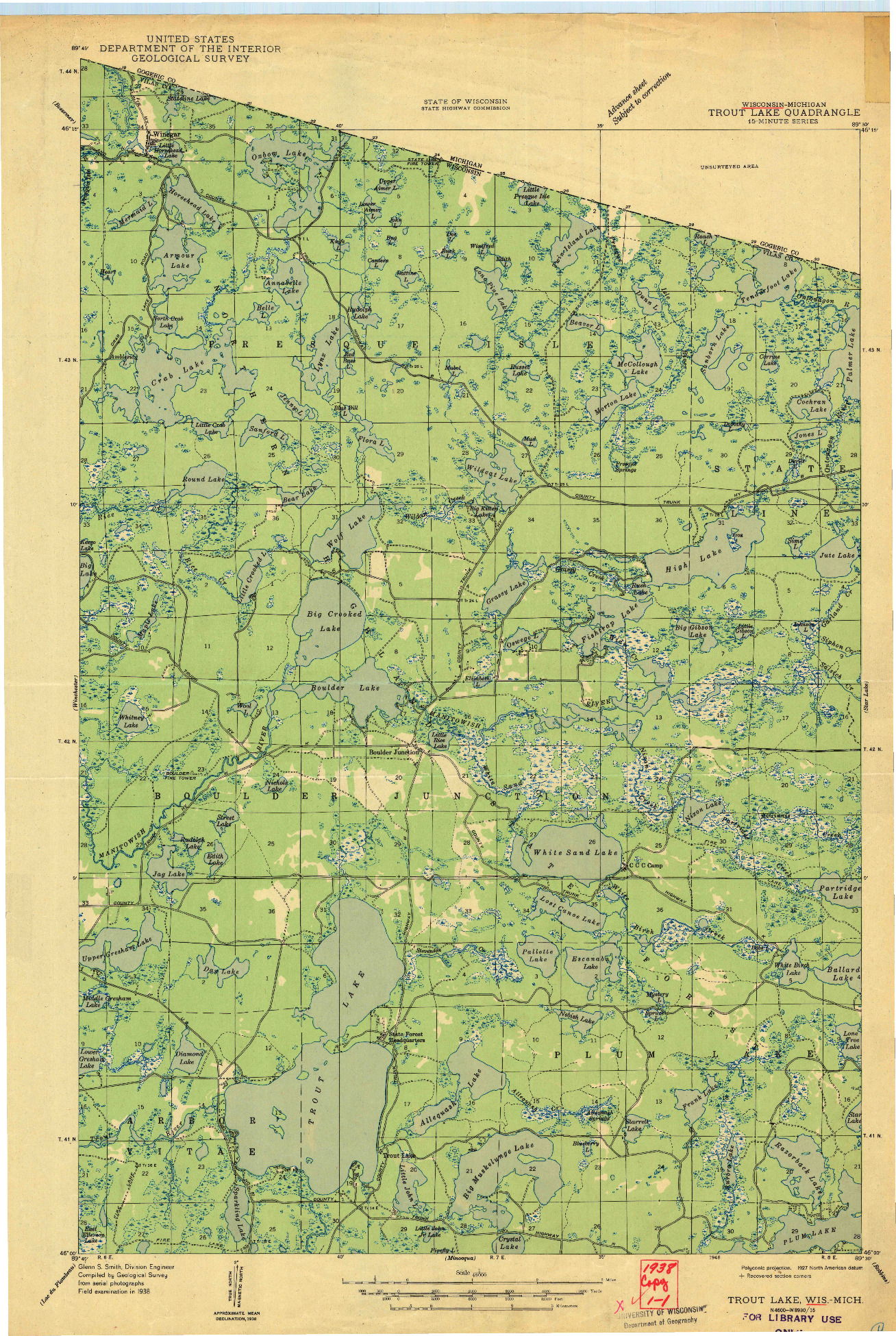 USGS 1:48000-SCALE QUADRANGLE FOR TROUT LAKE, WI 1946
