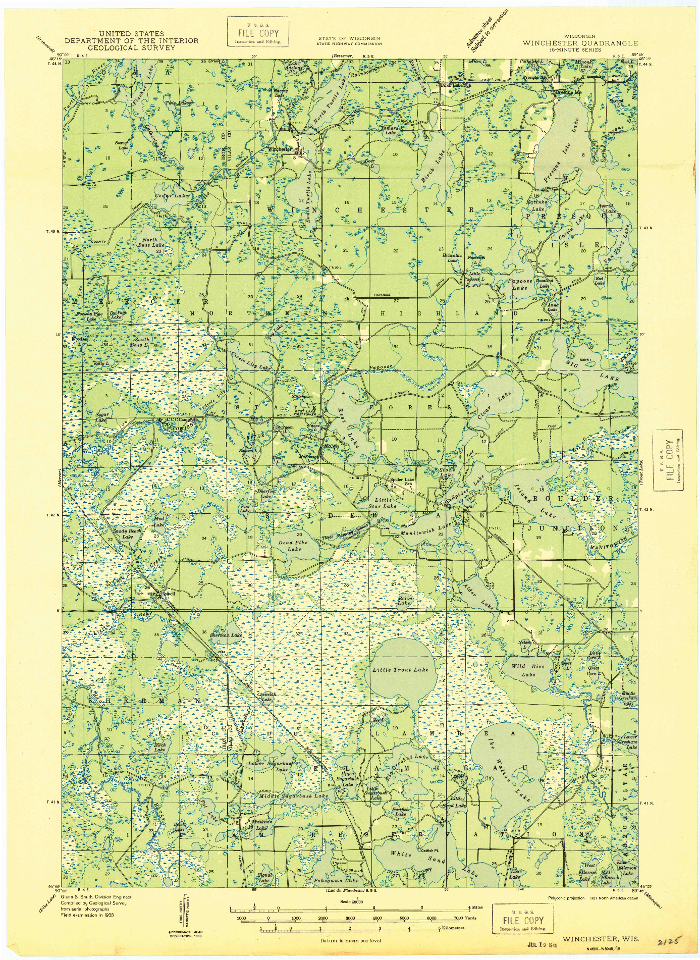 USGS 1:48000-SCALE QUADRANGLE FOR WINCHESTER, WI 1946