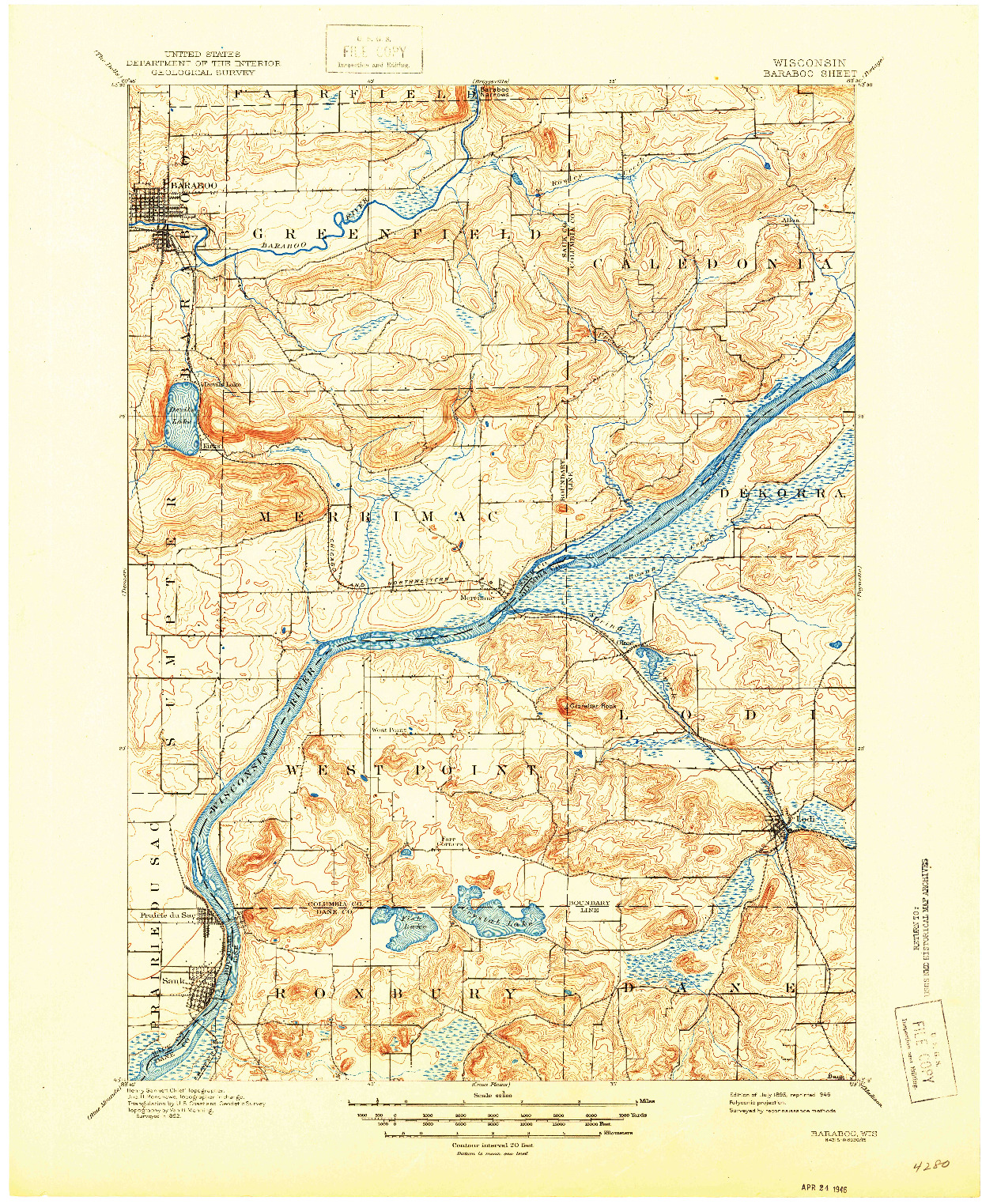 USGS 1:62500-SCALE QUADRANGLE FOR BARABOO, WI 1895