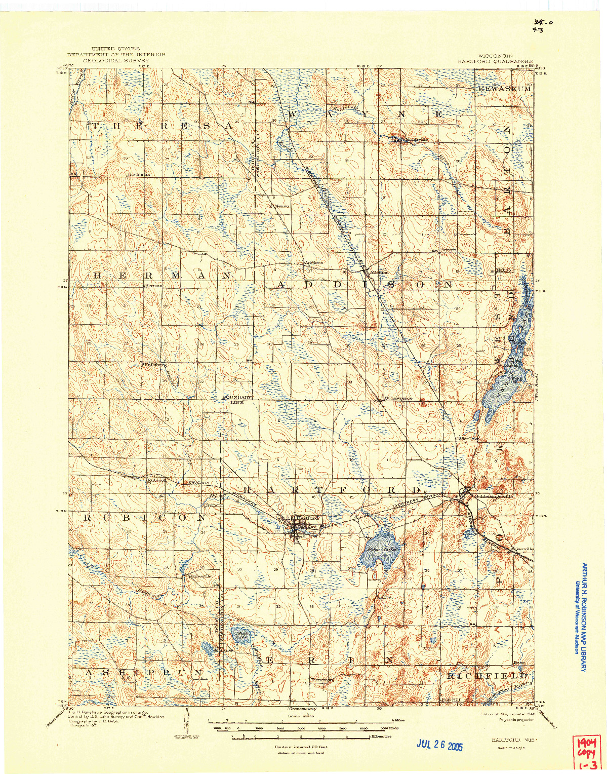 USGS 1:62500-SCALE QUADRANGLE FOR HARTFORD, WI 1904
