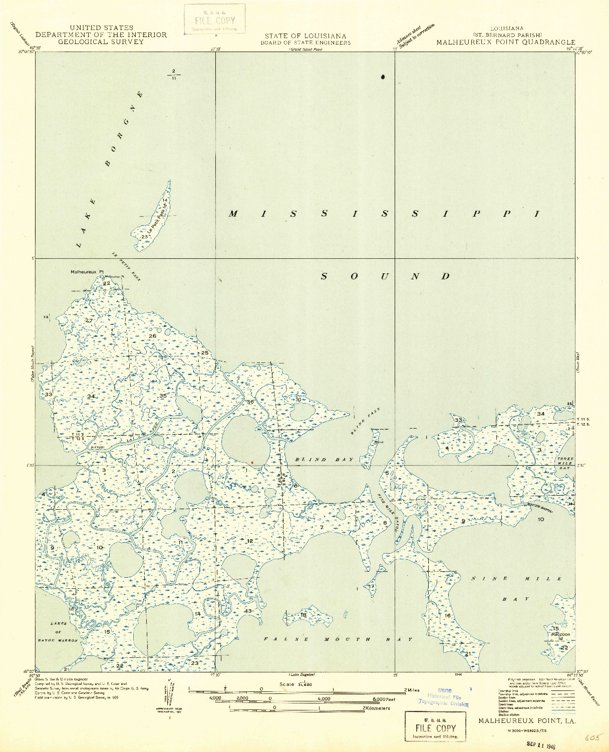 USGS 1:31680-SCALE QUADRANGLE FOR MALHEUREUX POINT, LA 1946