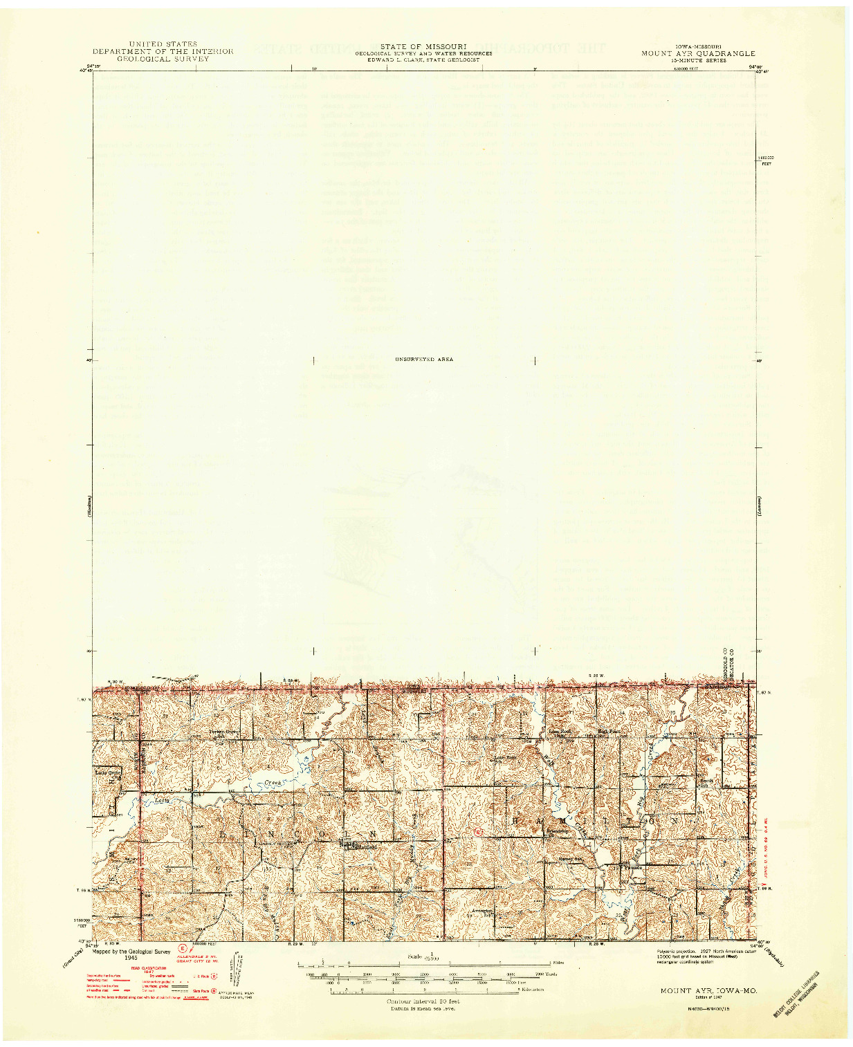 USGS 1:62500-SCALE QUADRANGLE FOR MOUNT AYR, IA 1947