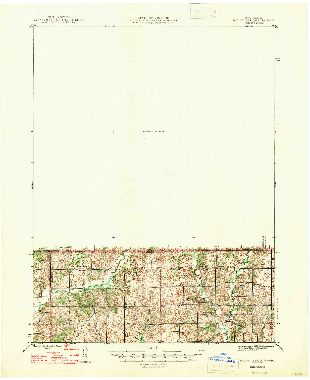 USGS 1:62500-SCALE QUADRANGLE FOR MOUNT AYR, IA 1947