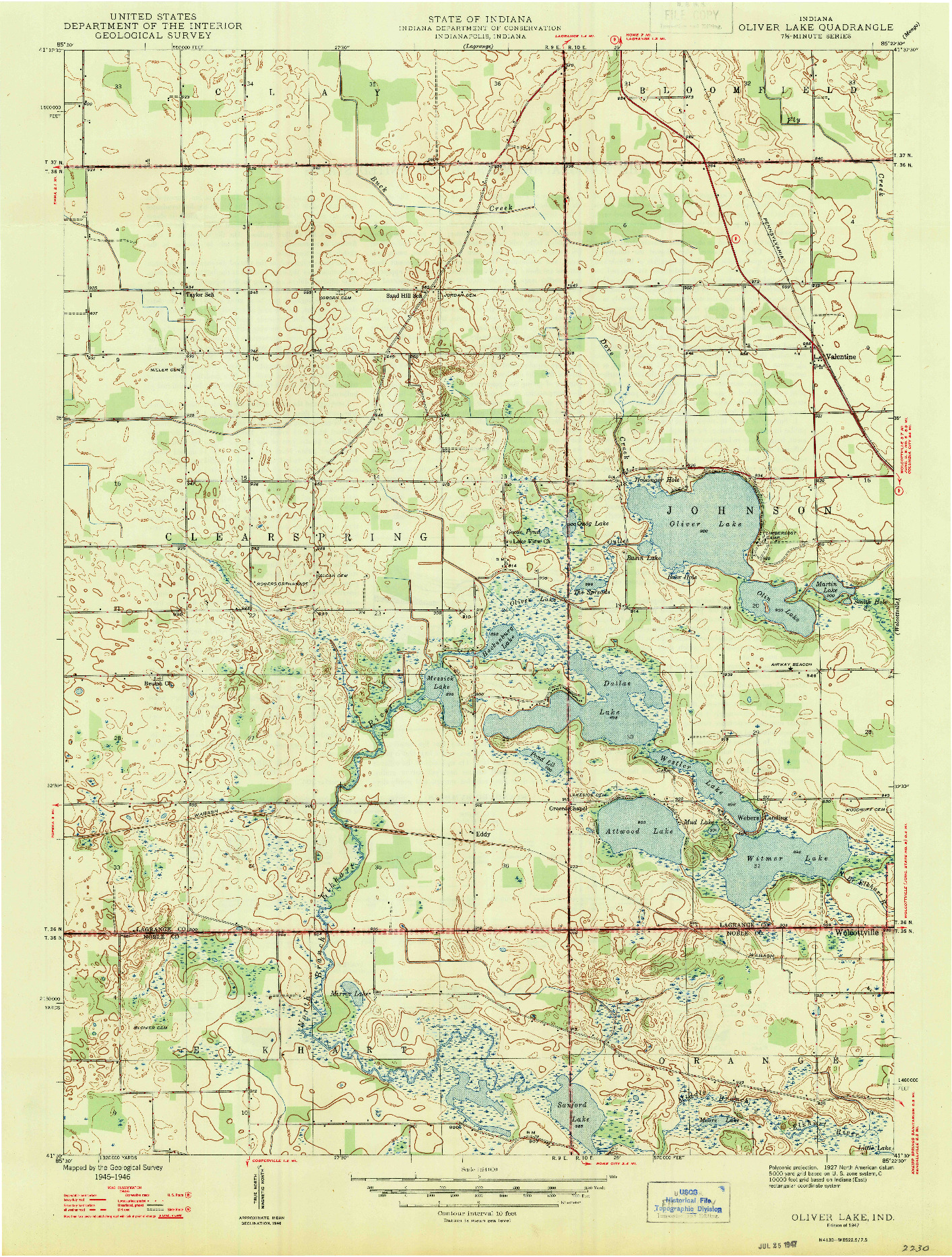 USGS 1:24000-SCALE QUADRANGLE FOR OLIVER LAKE, IN 1947