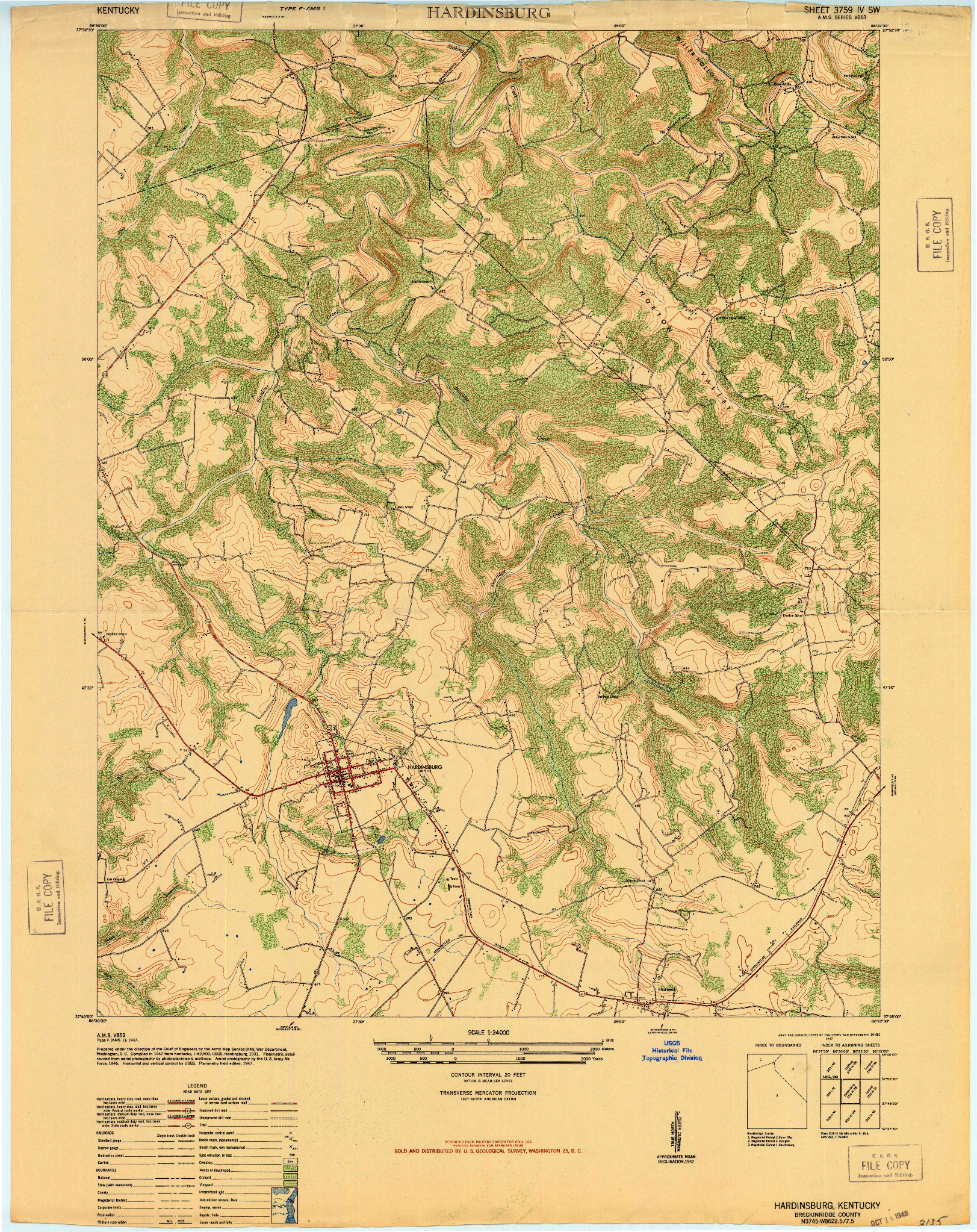 USGS 1:24000-SCALE QUADRANGLE FOR HARDINSBURG, KY 1947