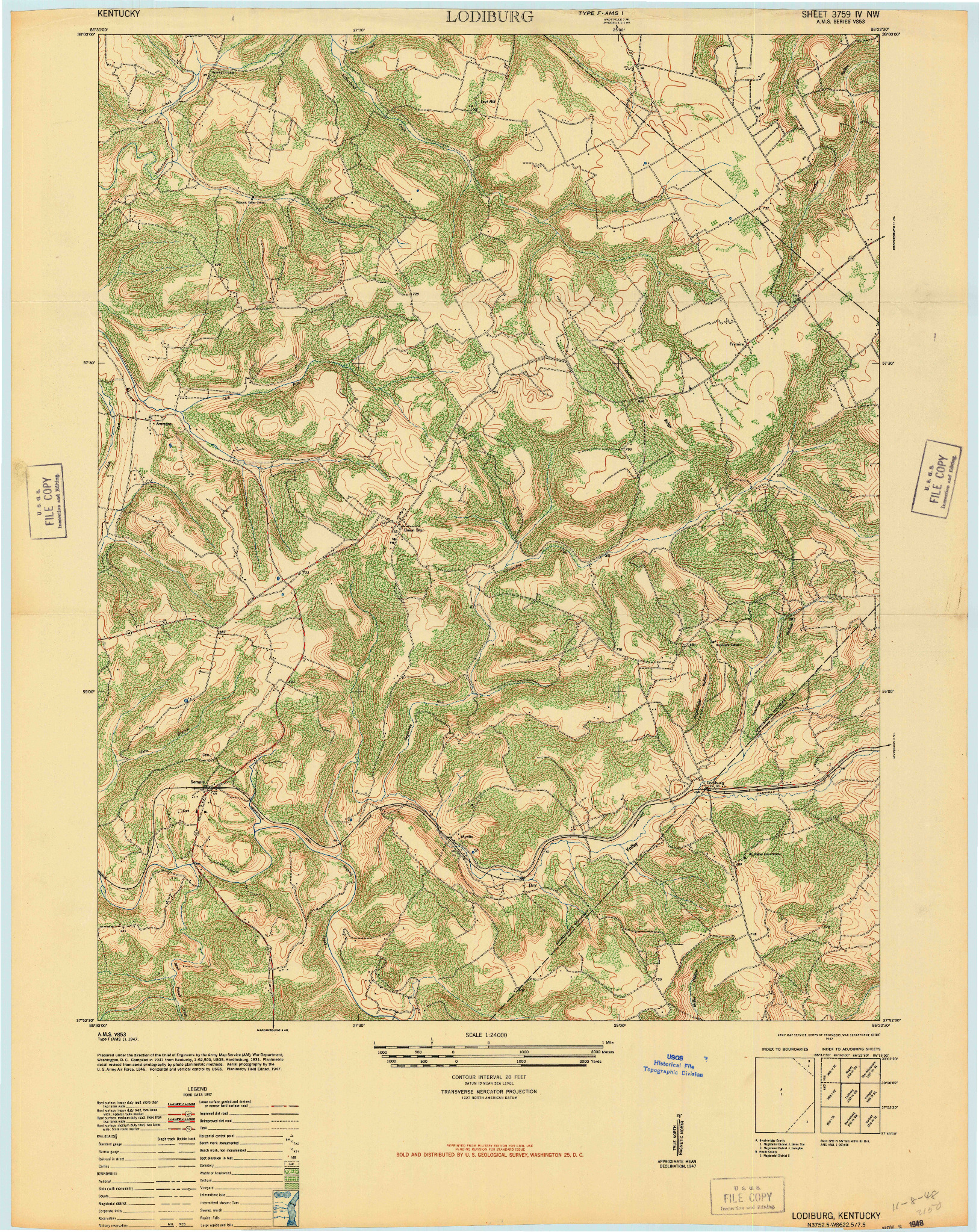 USGS 1:24000-SCALE QUADRANGLE FOR LODIBURG, KY 1947