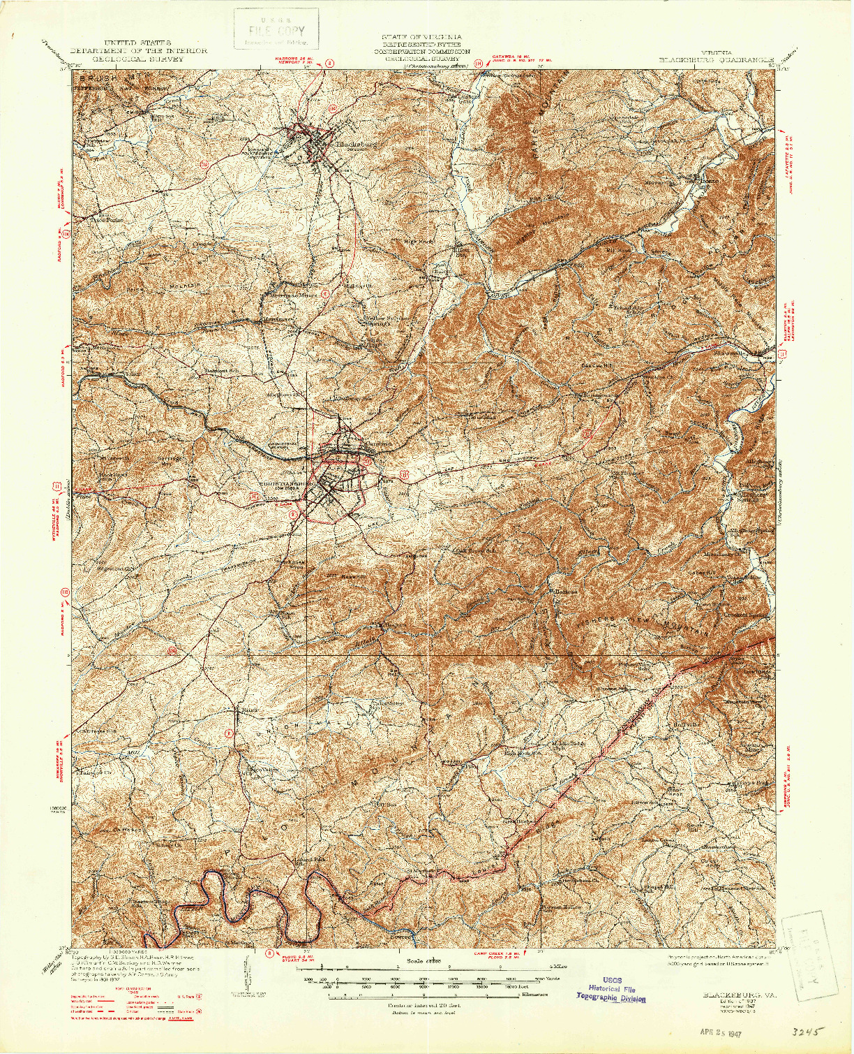 USGS 1:62500-SCALE QUADRANGLE FOR BLACKSBURG, VA 1937