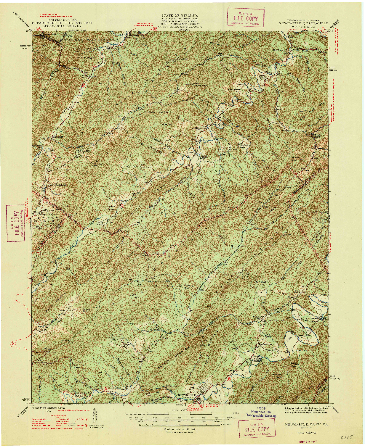 USGS 1:62500-SCALE QUADRANGLE FOR NEW CASTLE, VA 1947