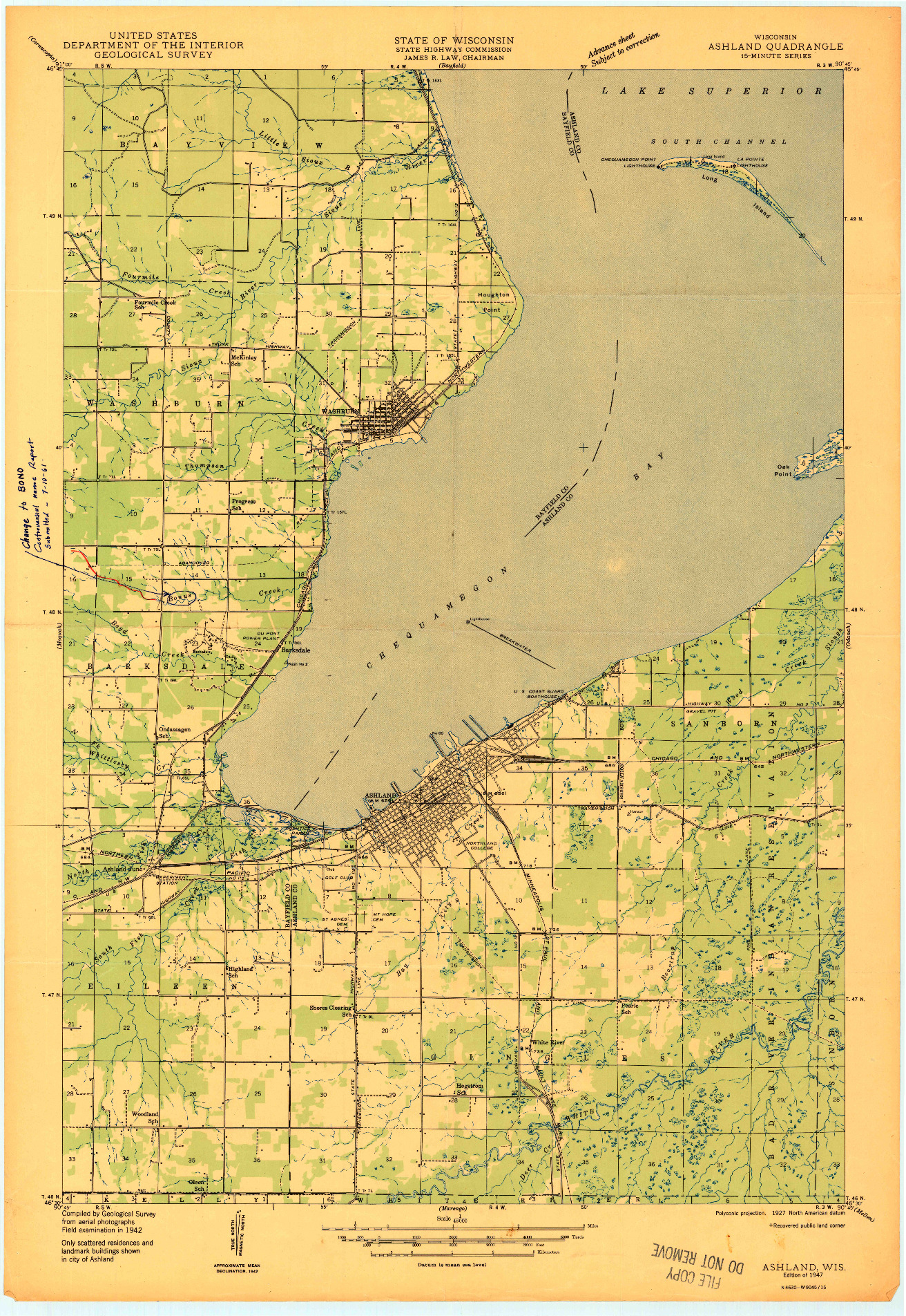 USGS 1:48000-SCALE QUADRANGLE FOR ASHLAND, WI 1947