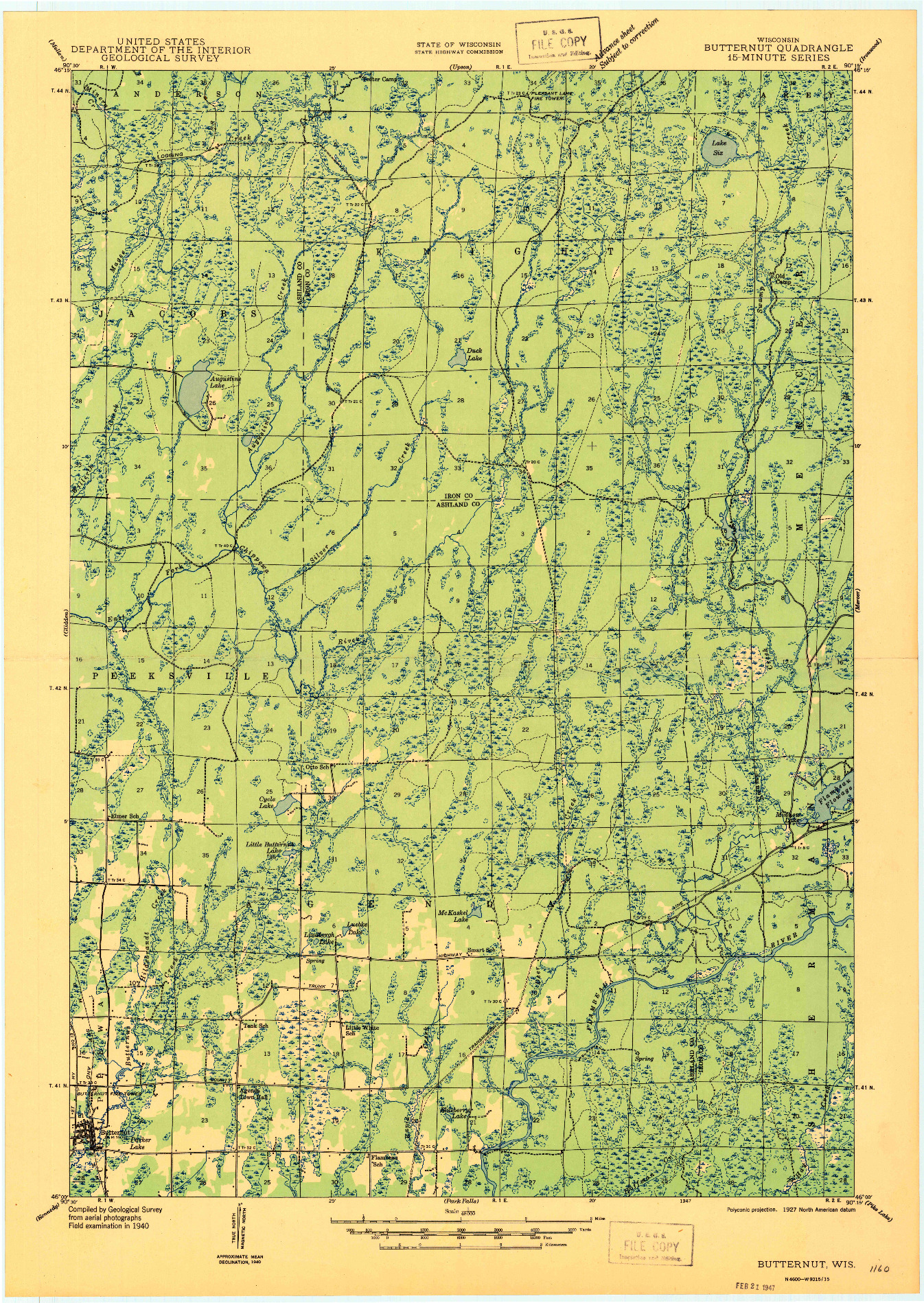 USGS 1:48000-SCALE QUADRANGLE FOR BUTTERNUT, WI 1947