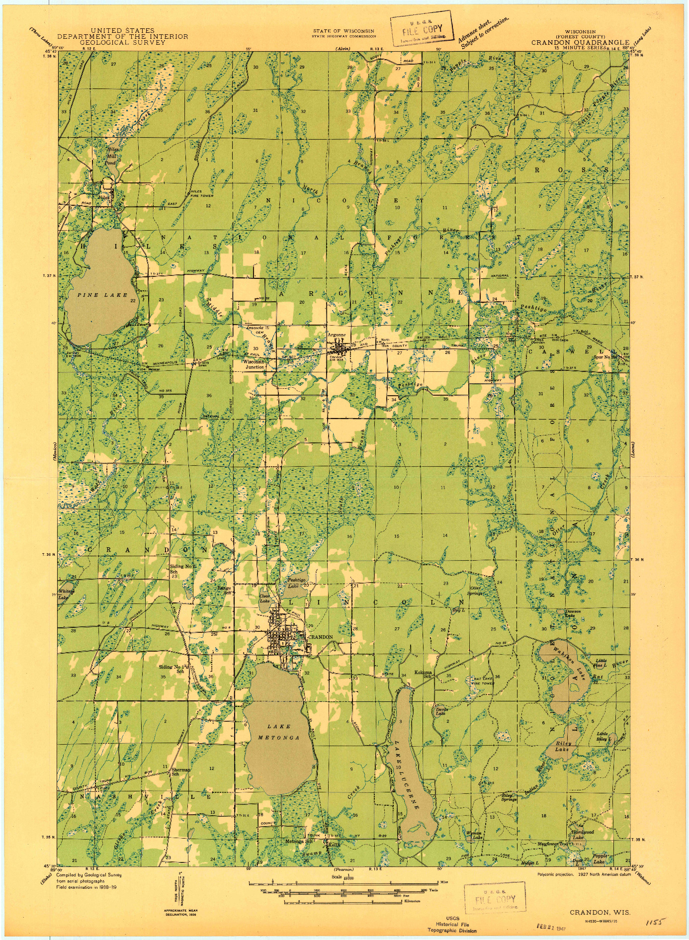 USGS 1:48000-SCALE QUADRANGLE FOR CRANDON, WI 1947