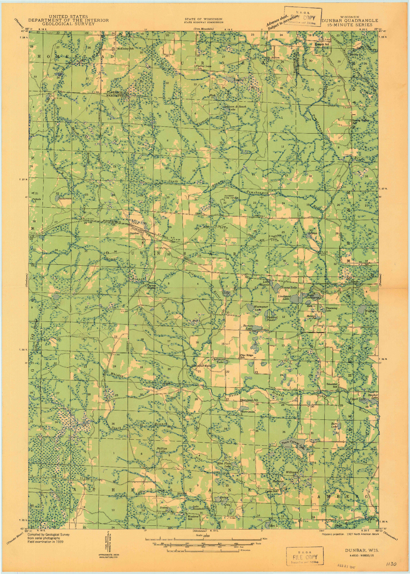 USGS 1:48000-SCALE QUADRANGLE FOR DUNBAR, WI 1947