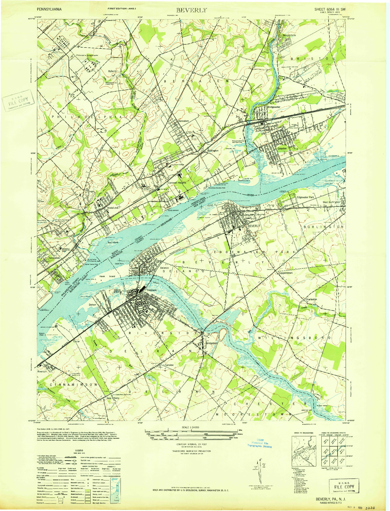 USGS 1:24000-SCALE QUADRANGLE FOR BEVERLY, PA 1947