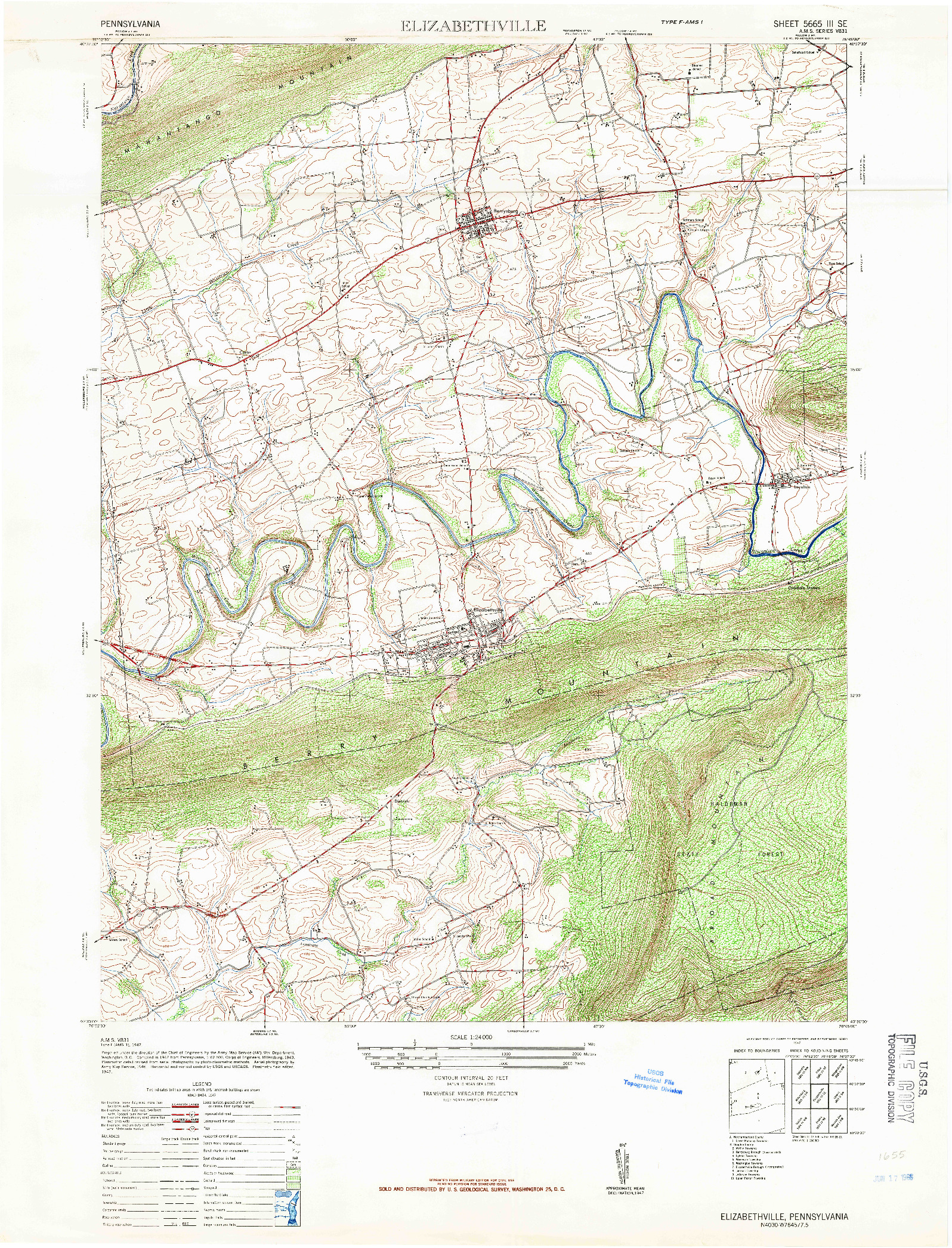 USGS 1:24000-SCALE QUADRANGLE FOR ELIZABETHVILLE, PA 1947