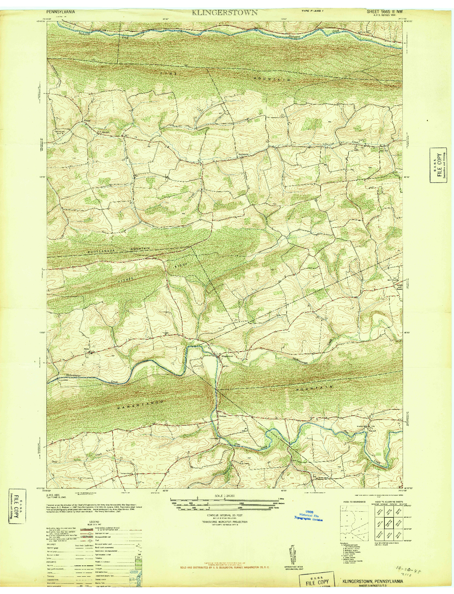 USGS 1:24000-SCALE QUADRANGLE FOR KLINGERSTOWN, PA 1947