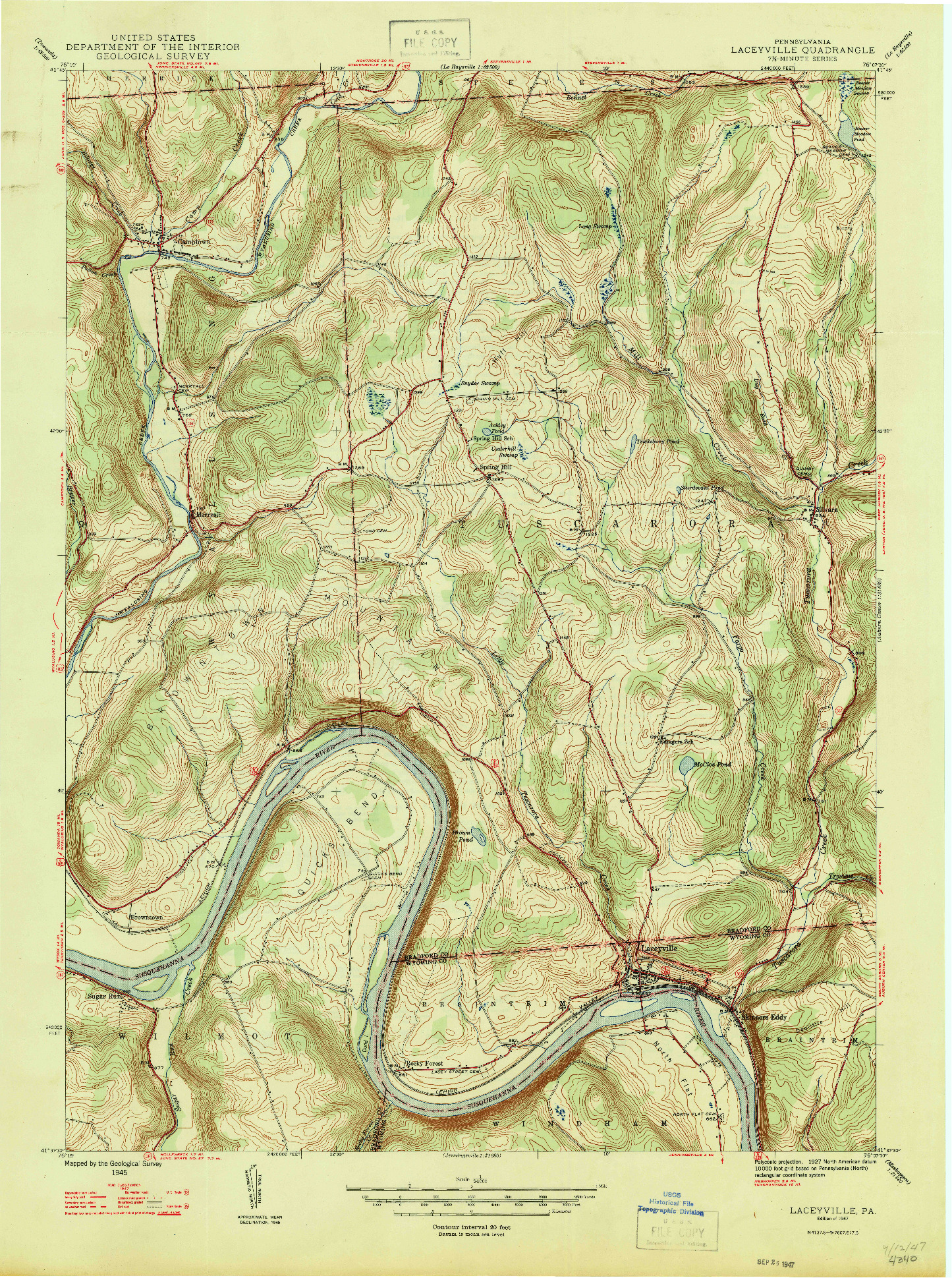 USGS 1:24000-SCALE QUADRANGLE FOR LACEYVILLE, PA 1947