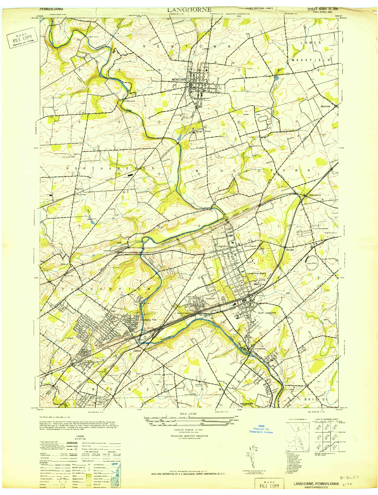 USGS 1:24000-SCALE QUADRANGLE FOR LANGHORNE, PA 1947