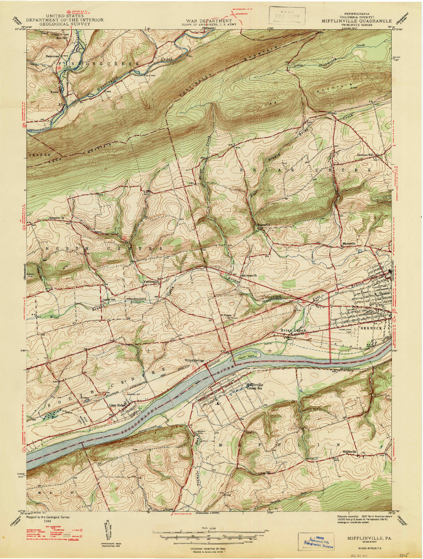 USGS 1:24000-SCALE QUADRANGLE FOR MIFFLINVILLE, PA 1947