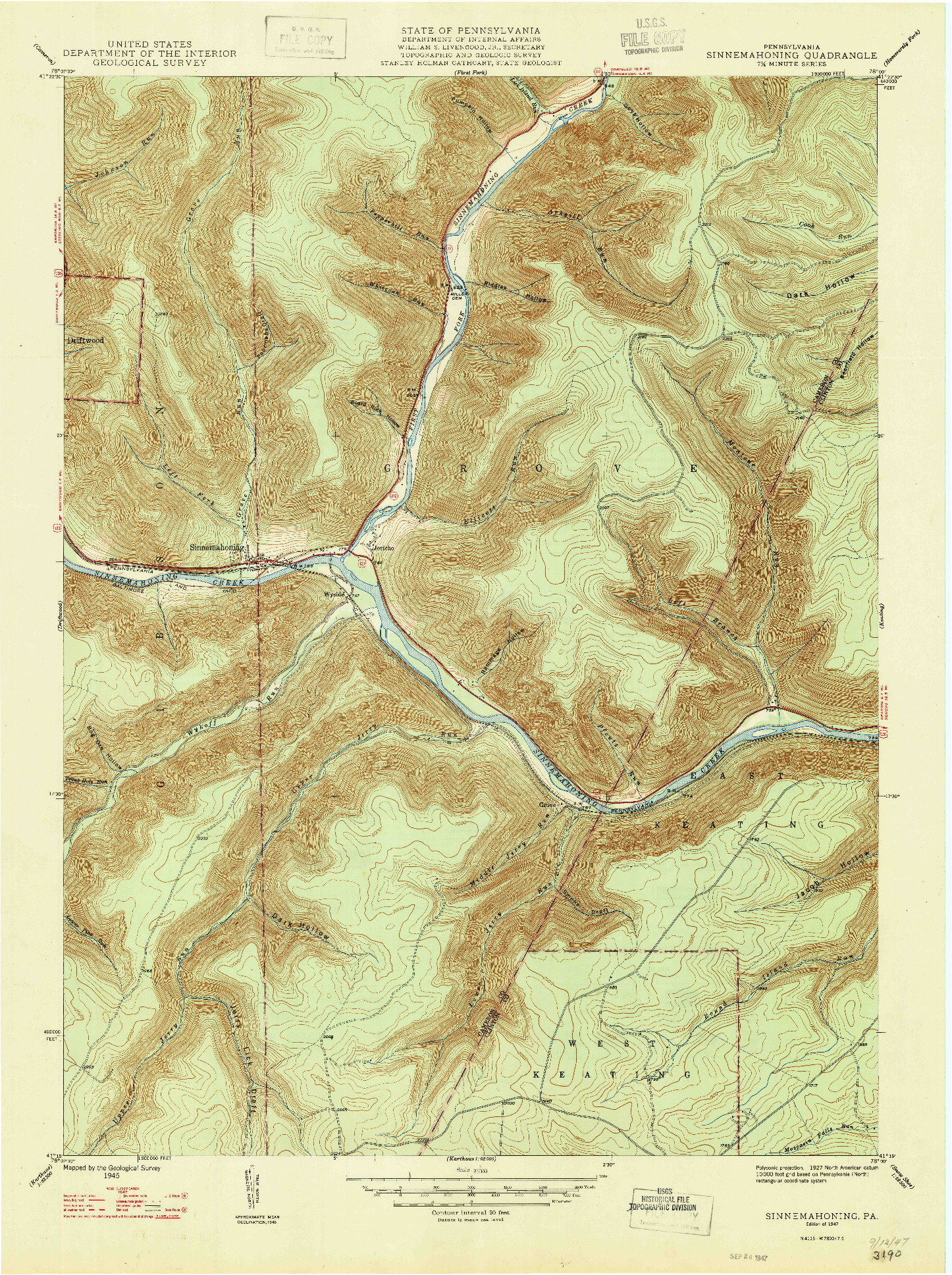 USGS 1:24000-SCALE QUADRANGLE FOR SINNEMAHONING, PA 1947