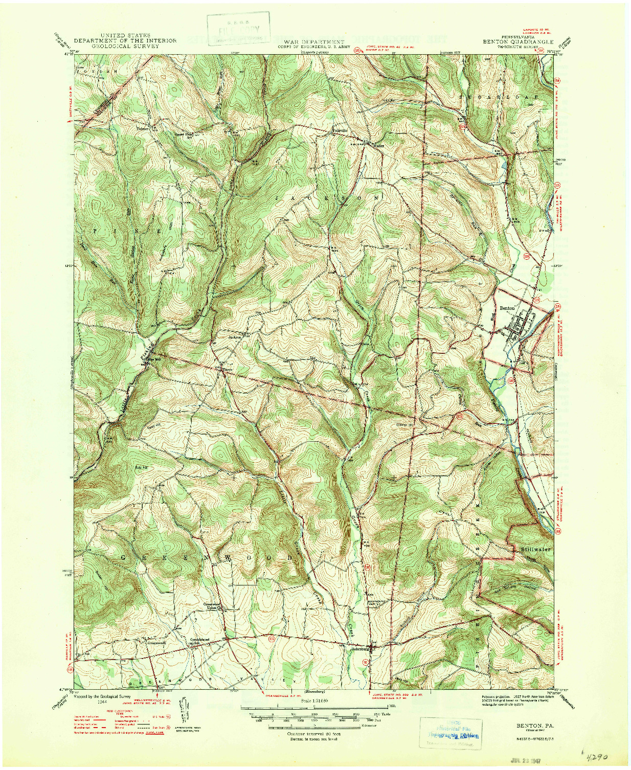USGS 1:31680-SCALE QUADRANGLE FOR BENTON, PA 1947