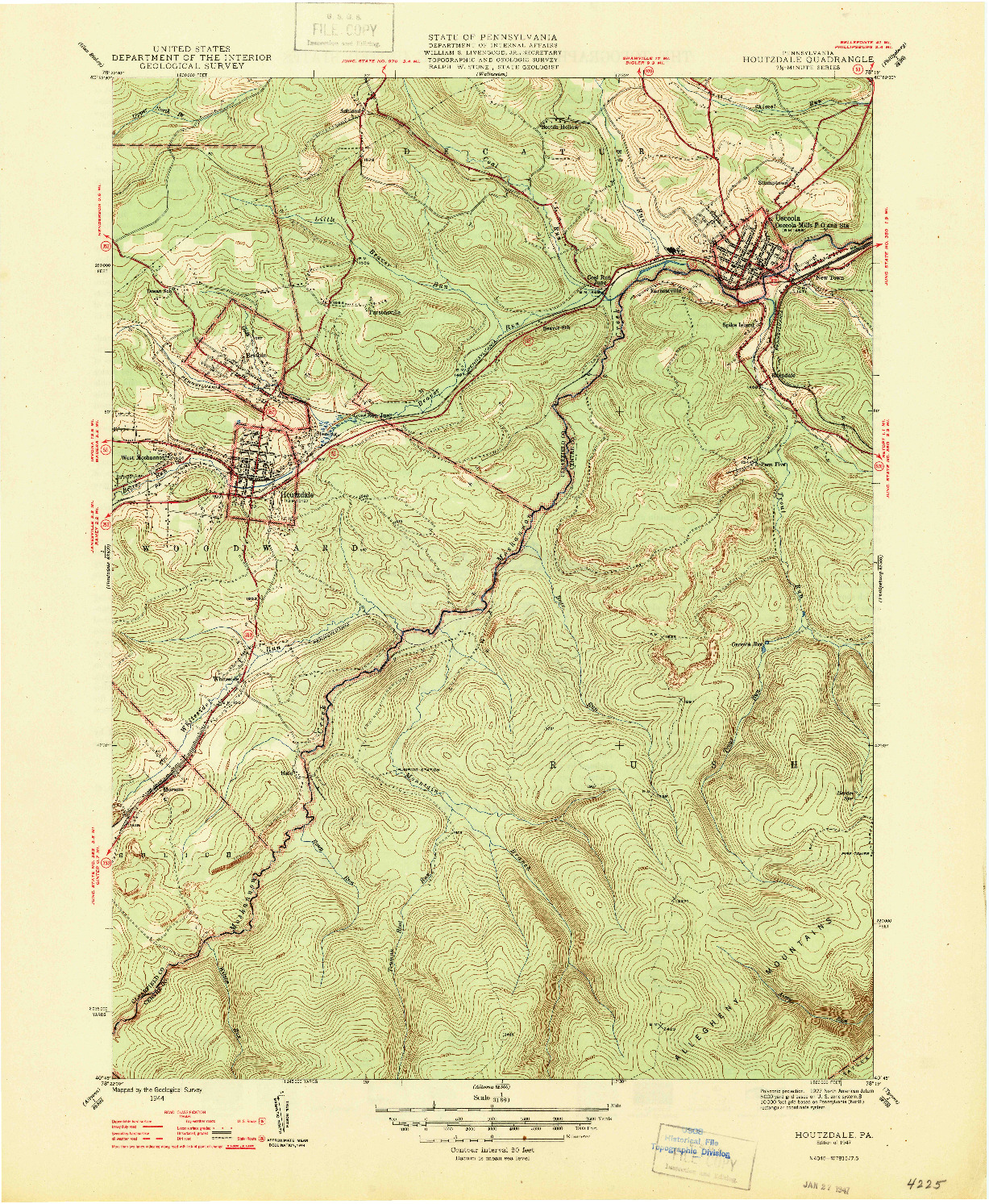 USGS 1:31680-SCALE QUADRANGLE FOR HOUTZDALE, PA 1947