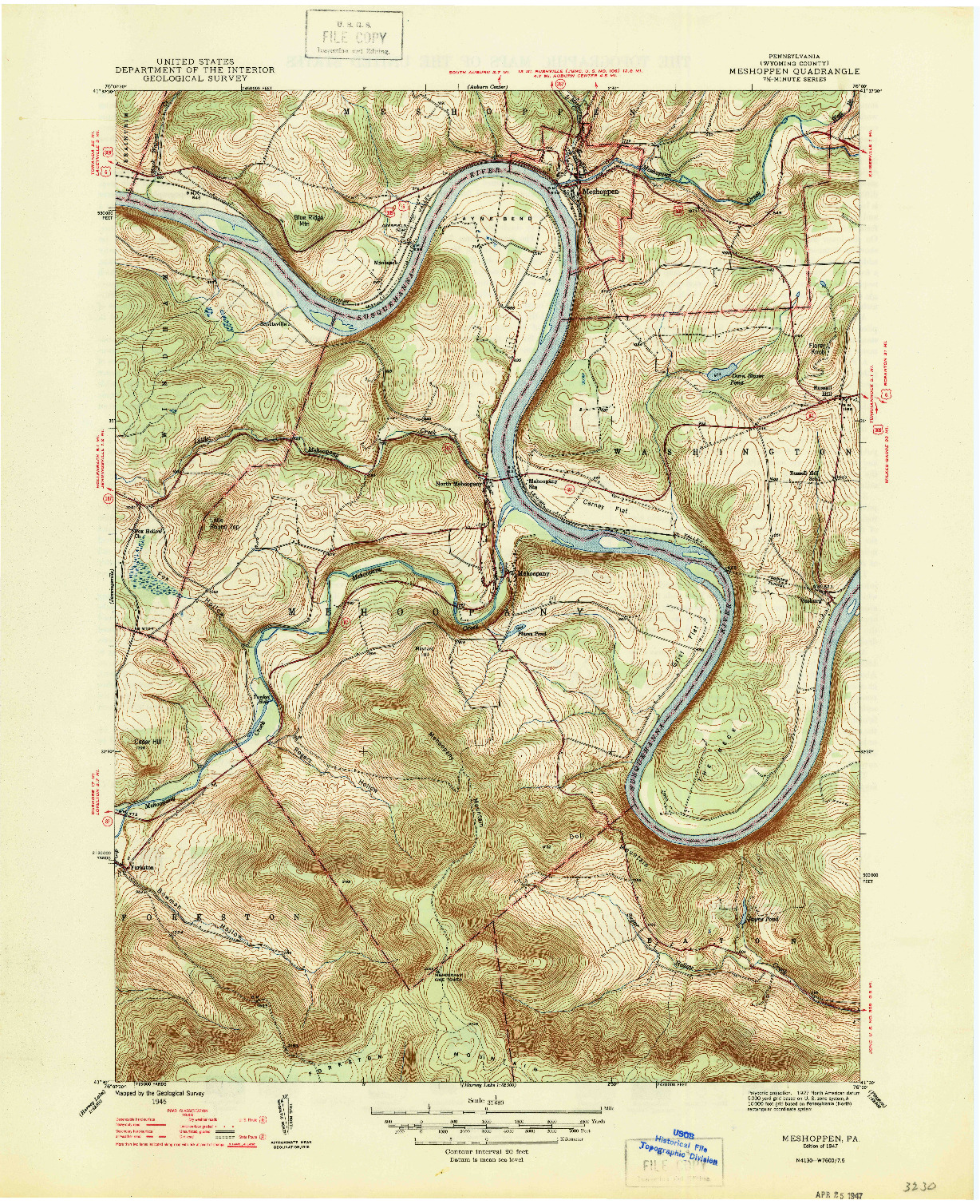 USGS 1:31680-SCALE QUADRANGLE FOR MESHOPPEN, PA 1947