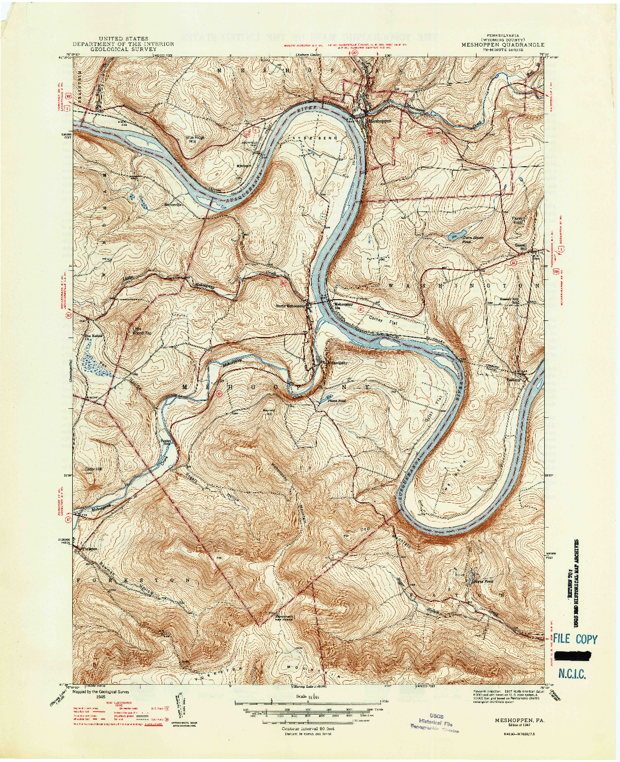 USGS 1:31680-SCALE QUADRANGLE FOR MESHOPPEN, PA 1947