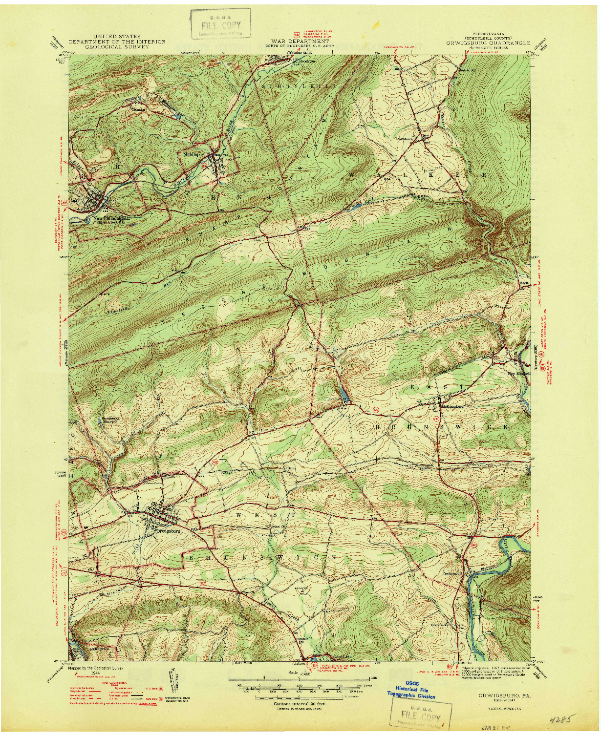 USGS 1:31680-SCALE QUADRANGLE FOR ORWIGSBURG, PA 1947